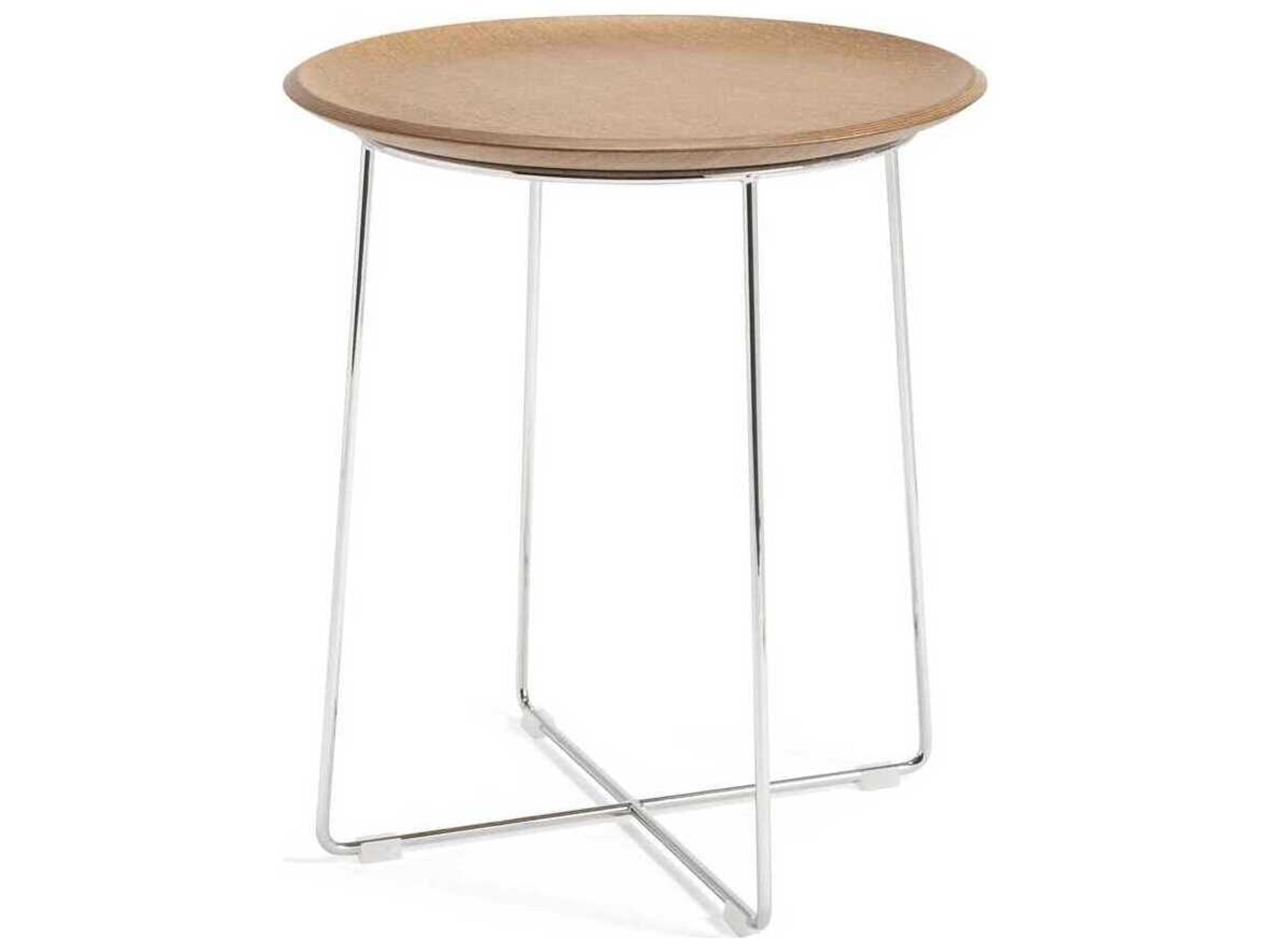 Al Wood Round Light Basic Veneer And Chrome End Table