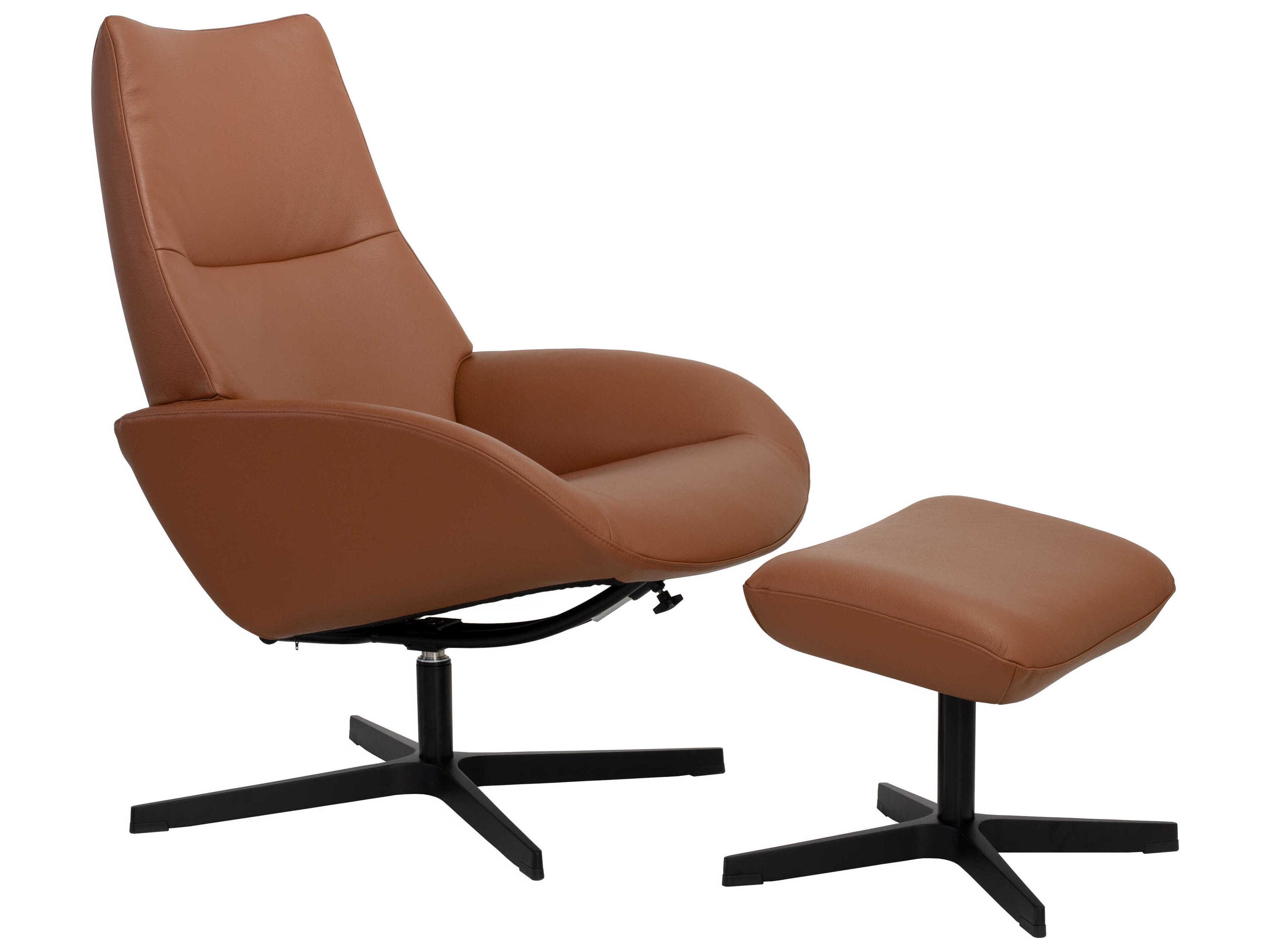 Lotus Balder Cognac Leather Swivel Accent Chair with Footrest