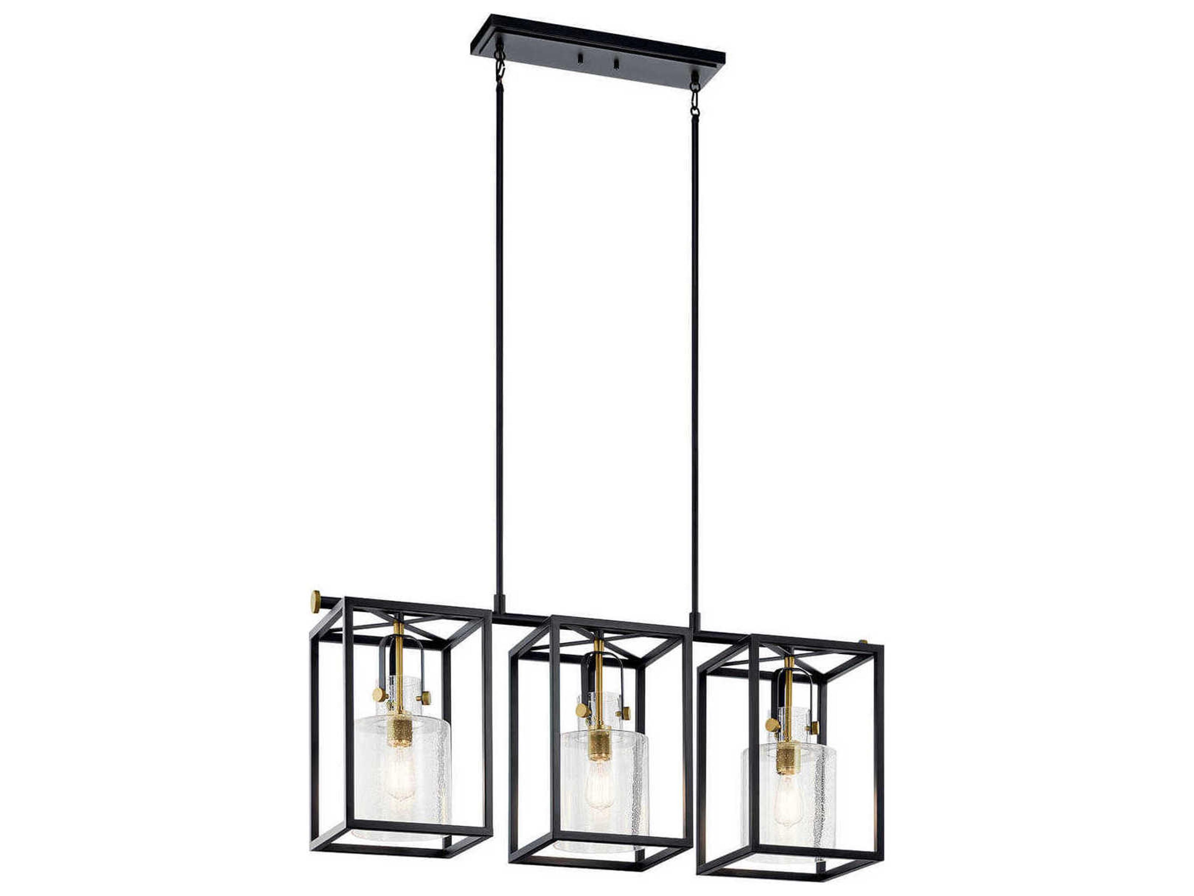 Kitner 3-Light Natural Brass Black Glass Geometric Linear Island Pendant