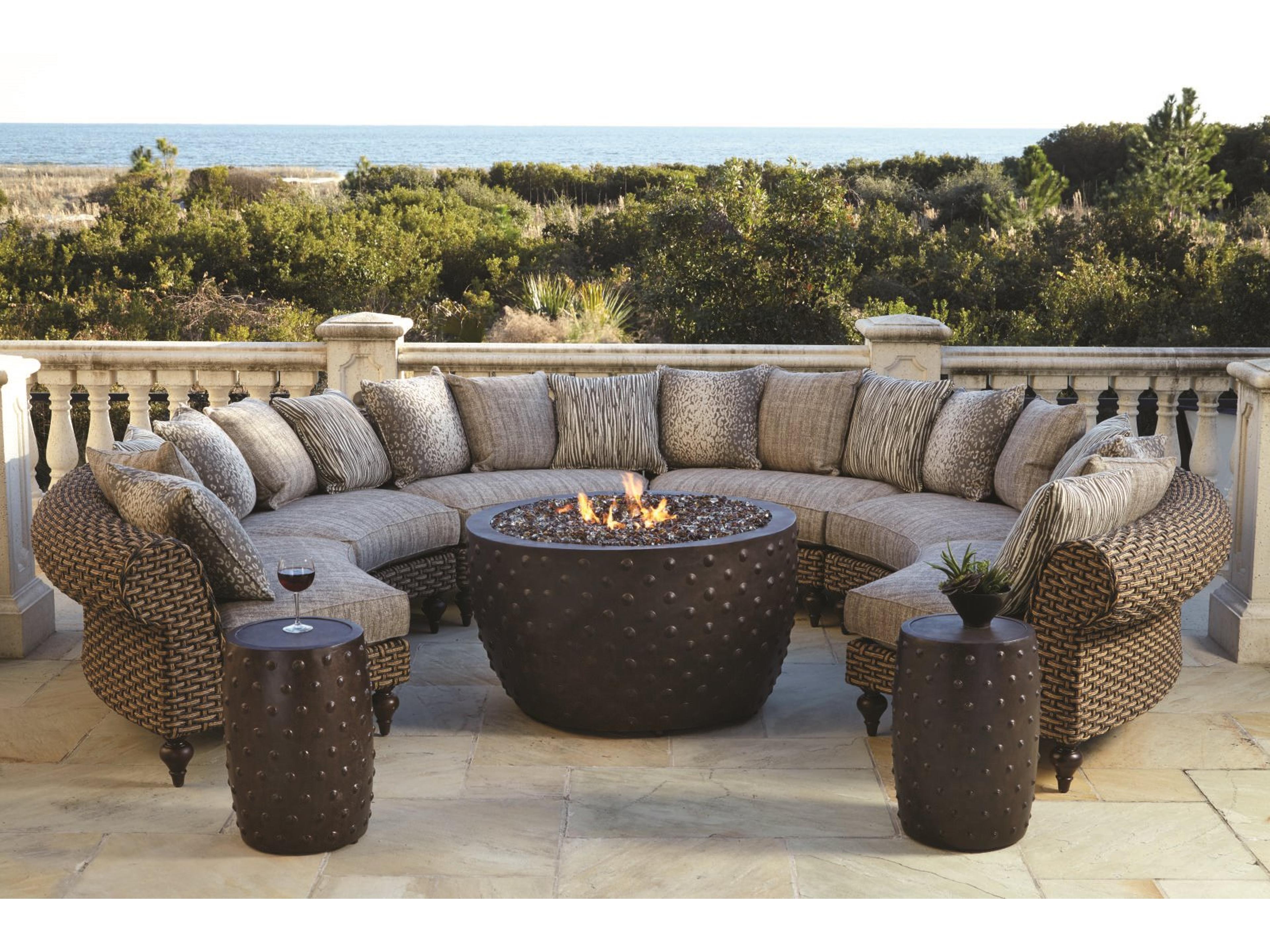 Hemingway Driftwood Wicker Sectional Firepit Lounge Set