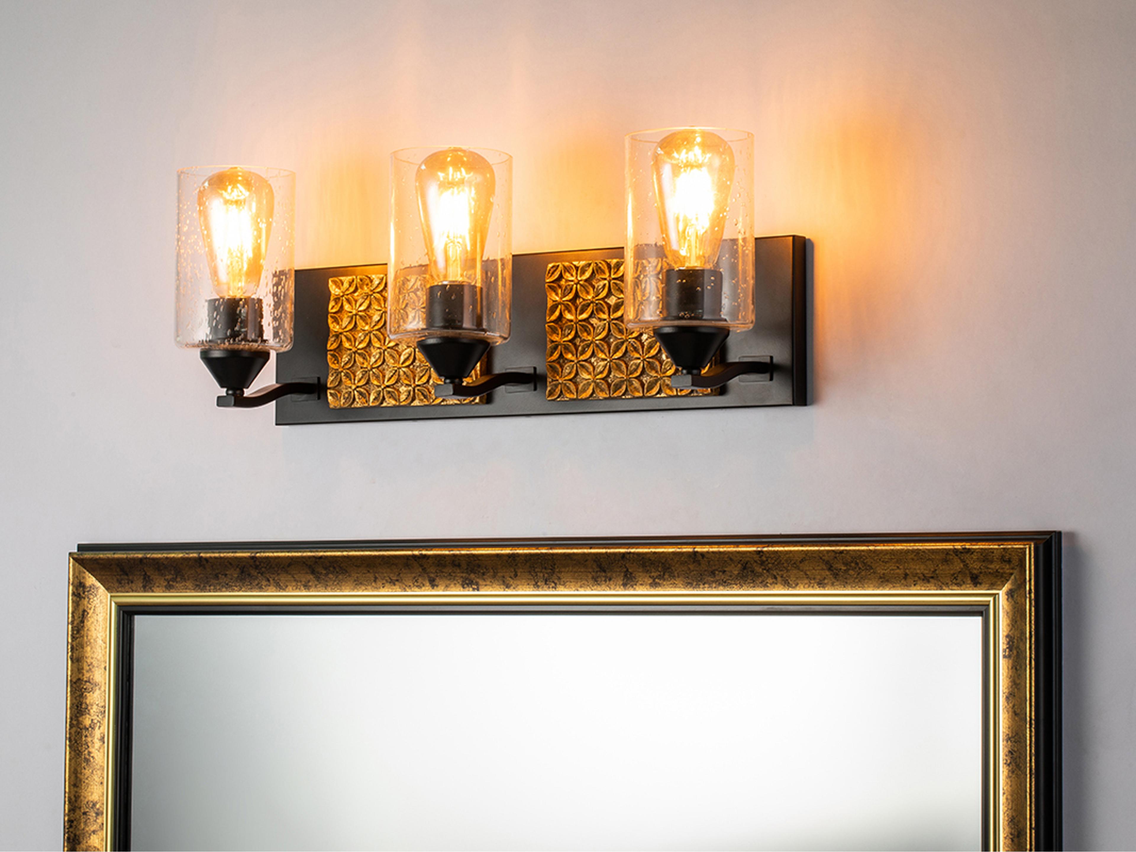 Lucas McKearn Arcadia 3-Light Matte Black Antiqued Gold Leaf Glass Vanity Light