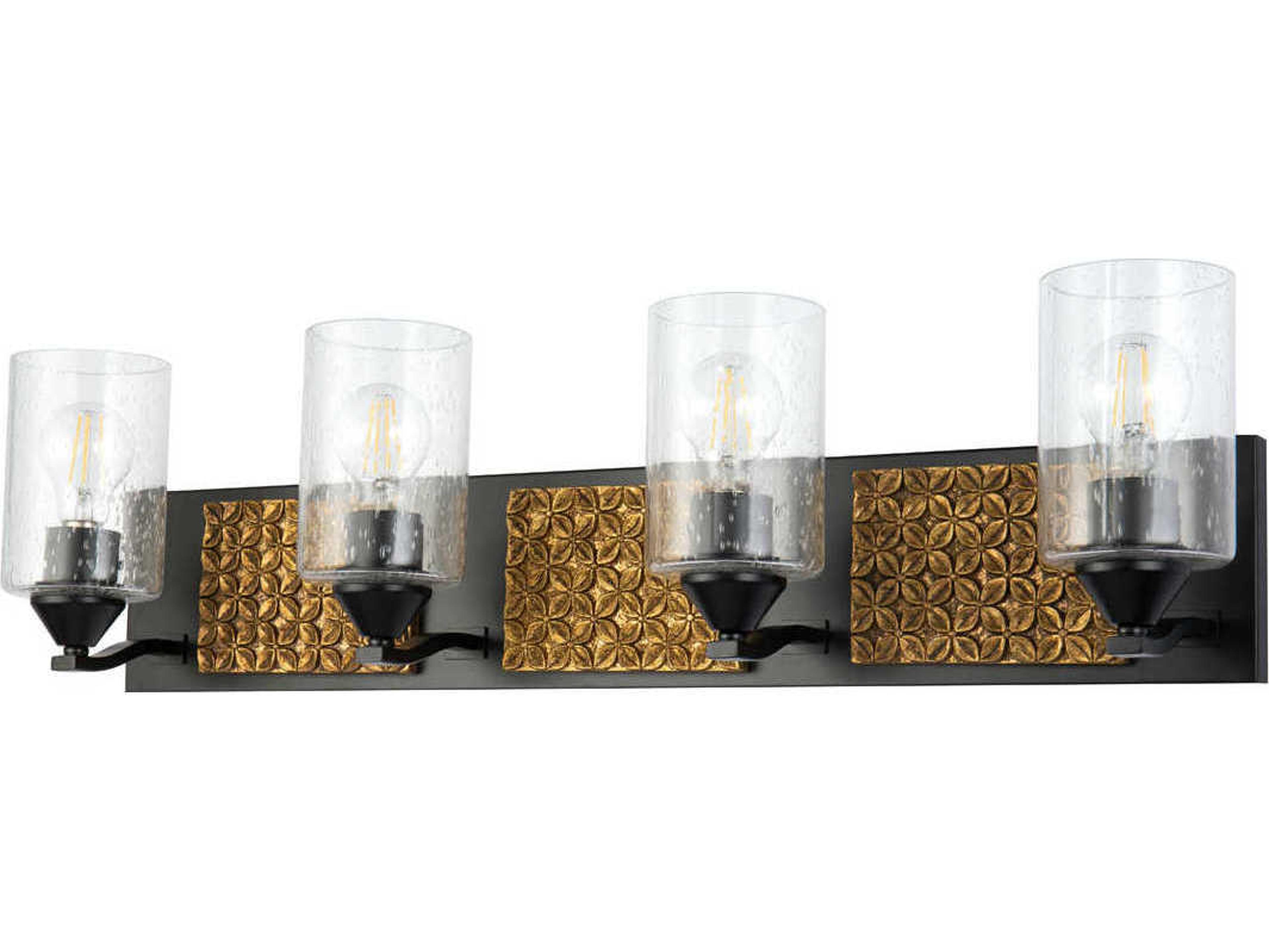 Lucas McKearn Arcadia 4-Light Matte Black Antiqued Gold Leaf Glass Vanity Light