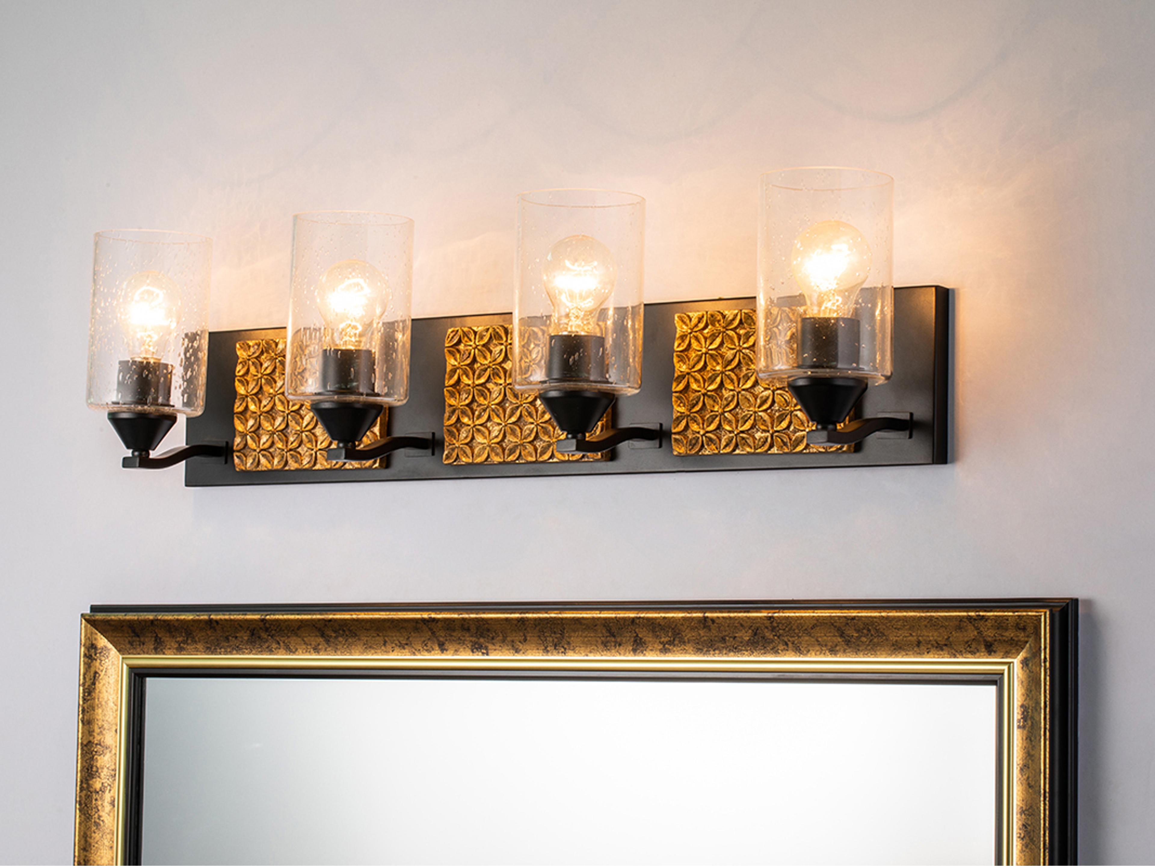 Lucas McKearn Arcadia 4-Light Matte Black Antiqued Gold Leaf Glass Vanity Light
