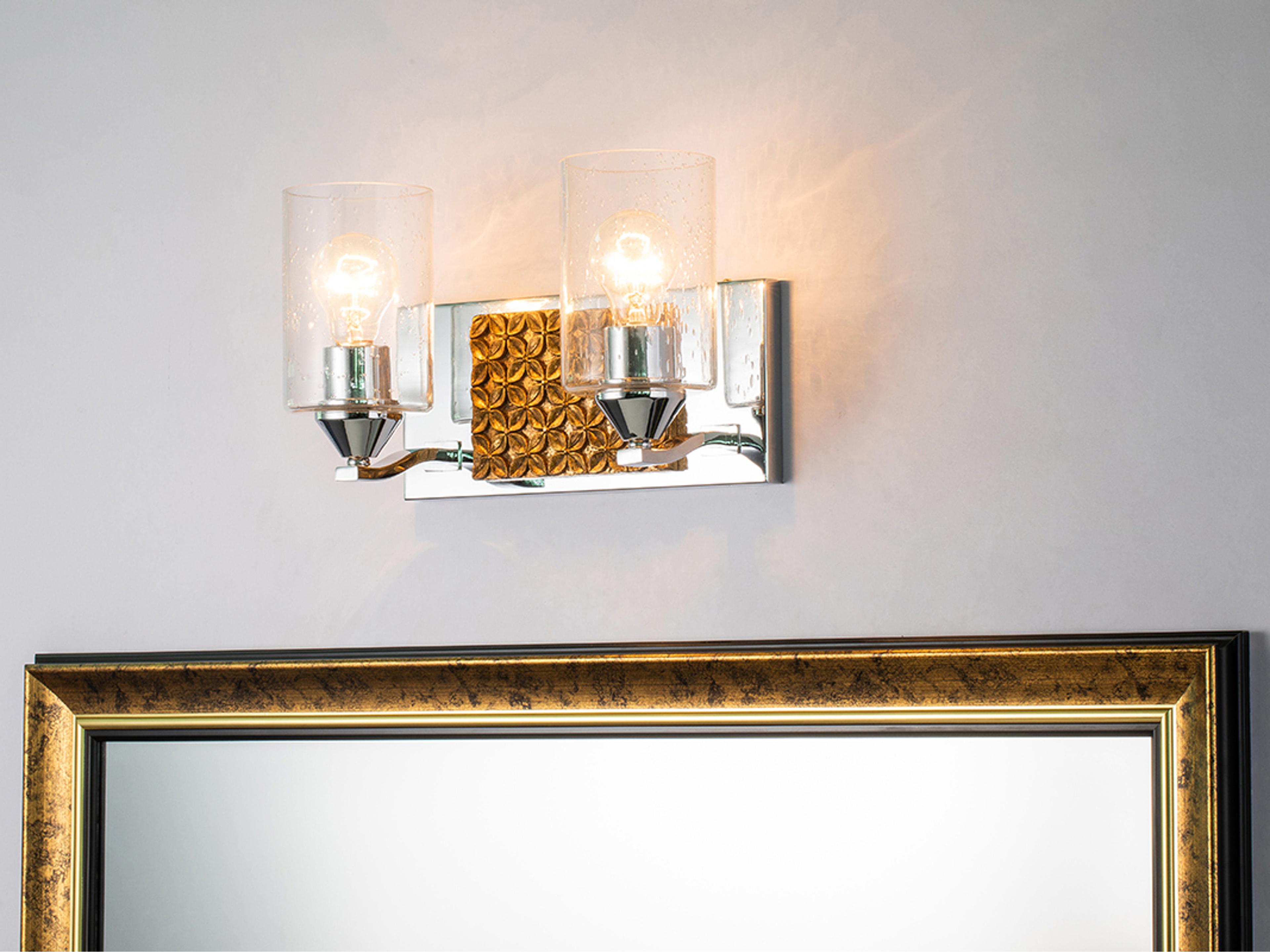 Lucas McKearn Arcadia 2-Light Polished Chrome Antiqued Gold Leaf Glass Vanity Light