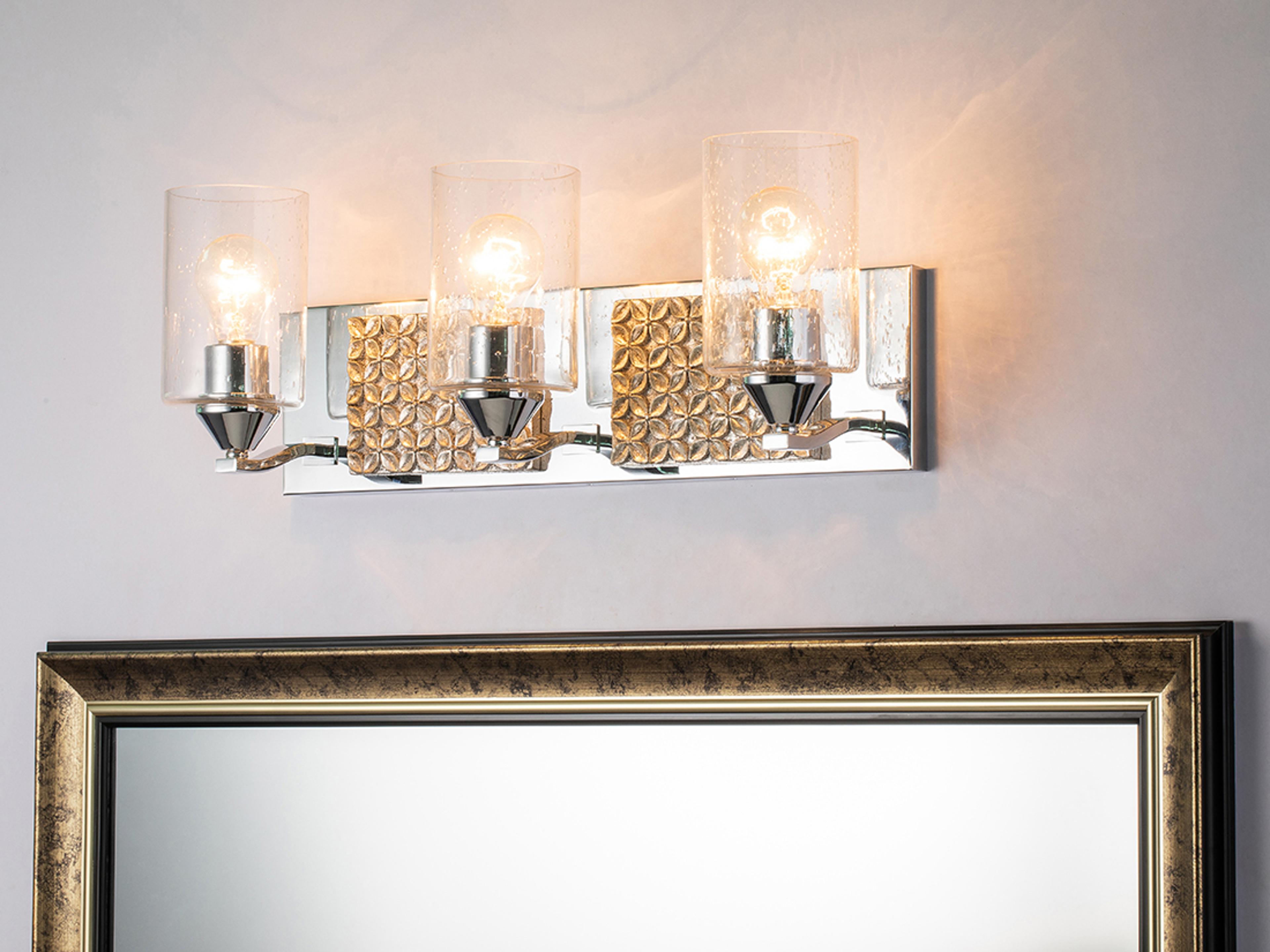 Lucas McKearn Arcadia 3-Light Polished Chrome Antiqued Silver Leaf Glass Vanity Light