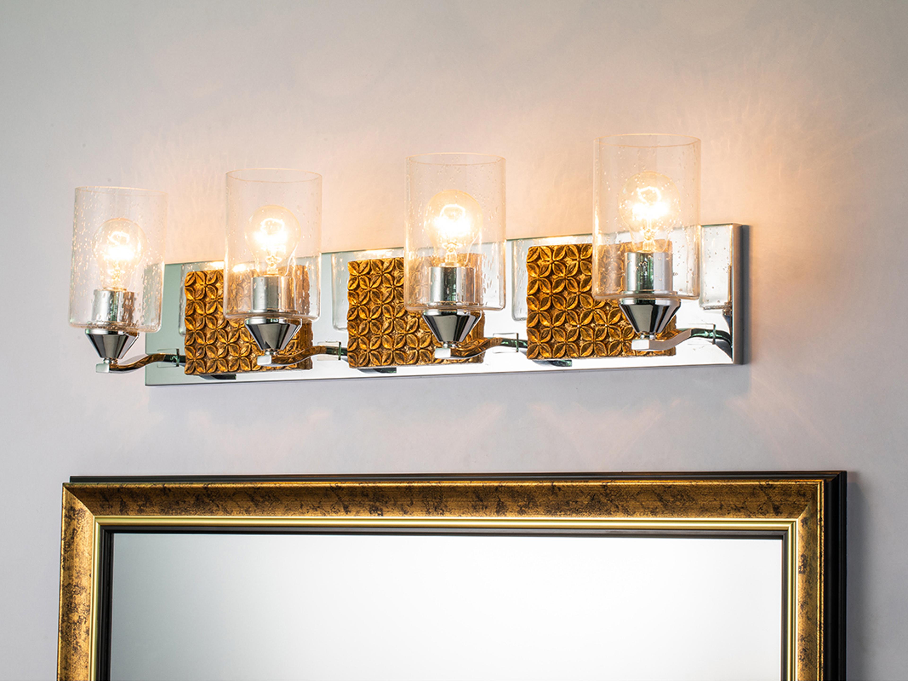 Lucas McKearn Arcadia 4-Light Polished Chrome Antiqued Gold Leaf Glass Vanity Light