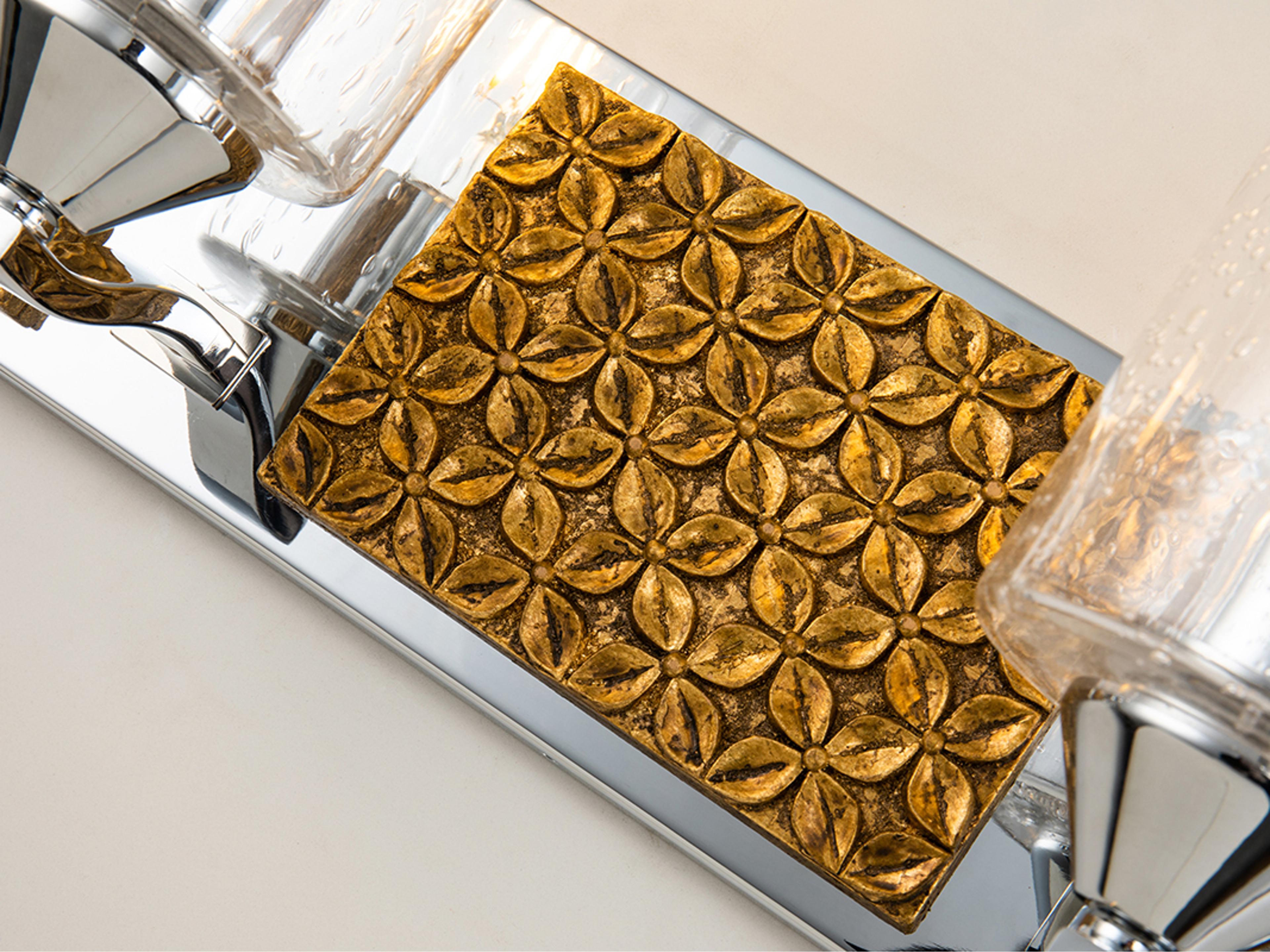 Lucas McKearn Arcadia 4-Light Polished Chrome Antiqued Gold Leaf Glass Vanity Light