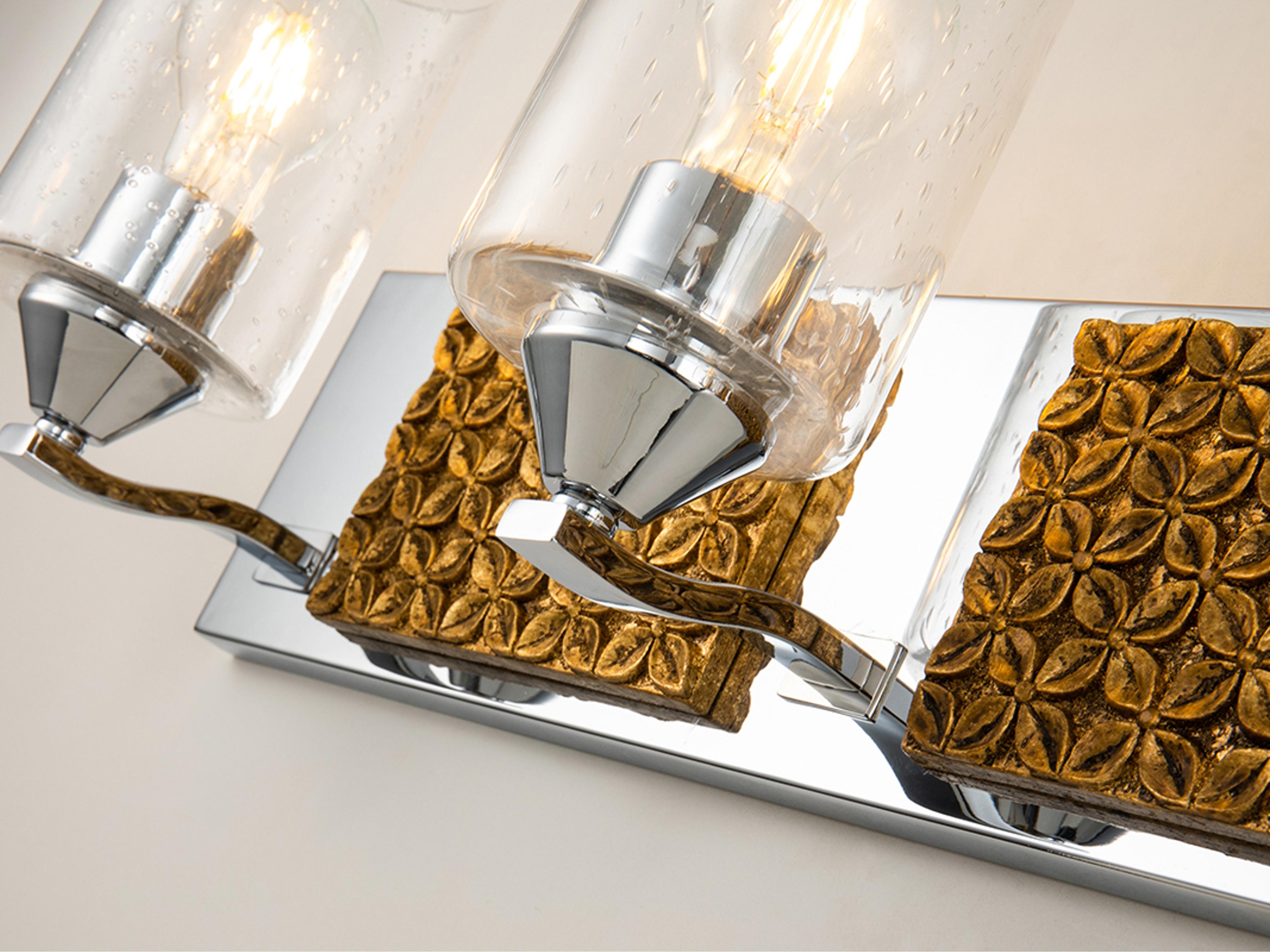 Lucas McKearn Arcadia 4-Light Polished Chrome Antiqued Gold Leaf Glass Vanity Light
