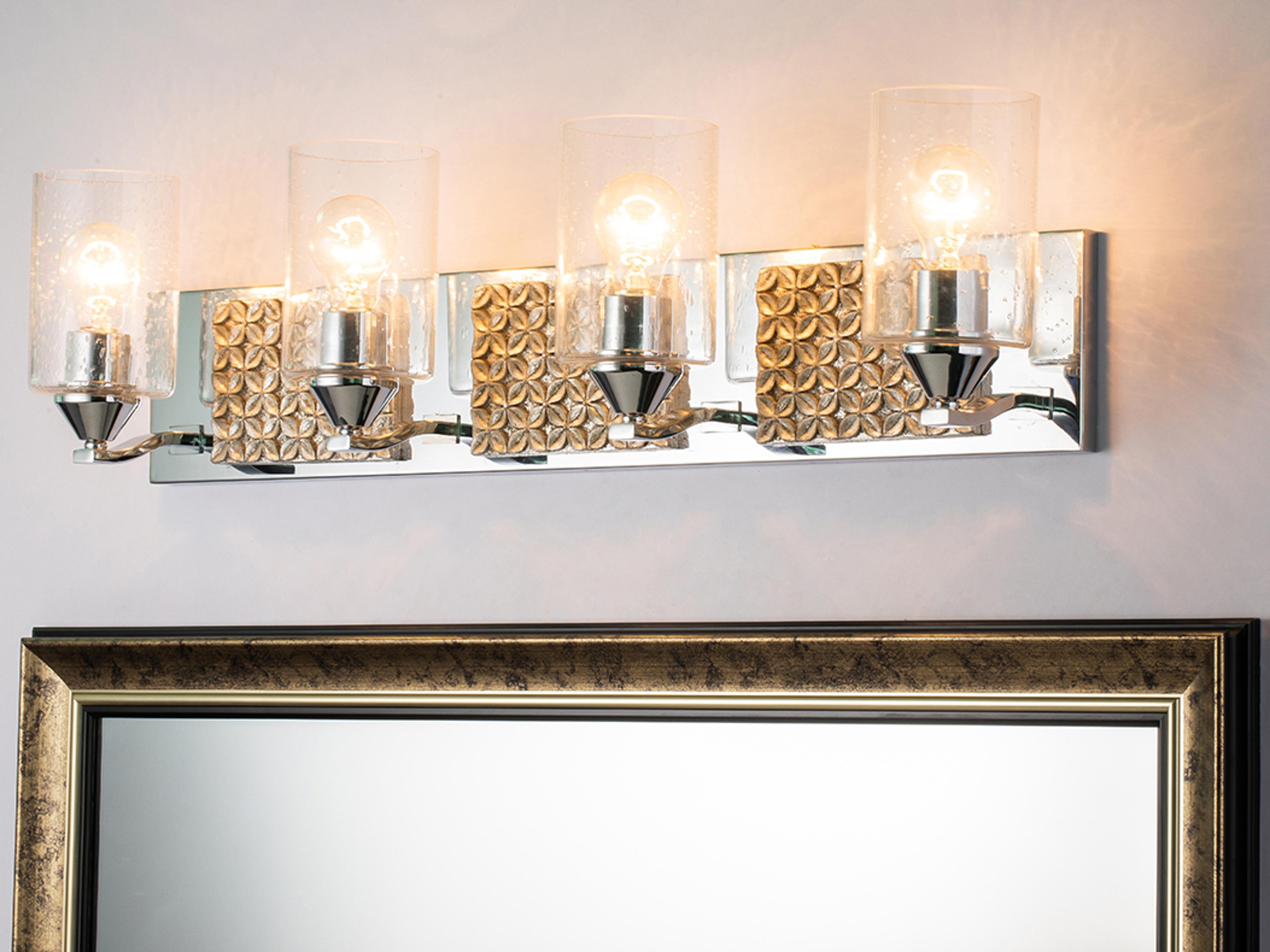 Lucas McKearn Arcadia 4-Light Polished Chrome Antiqued Silver Leaf Glass Vanity Light