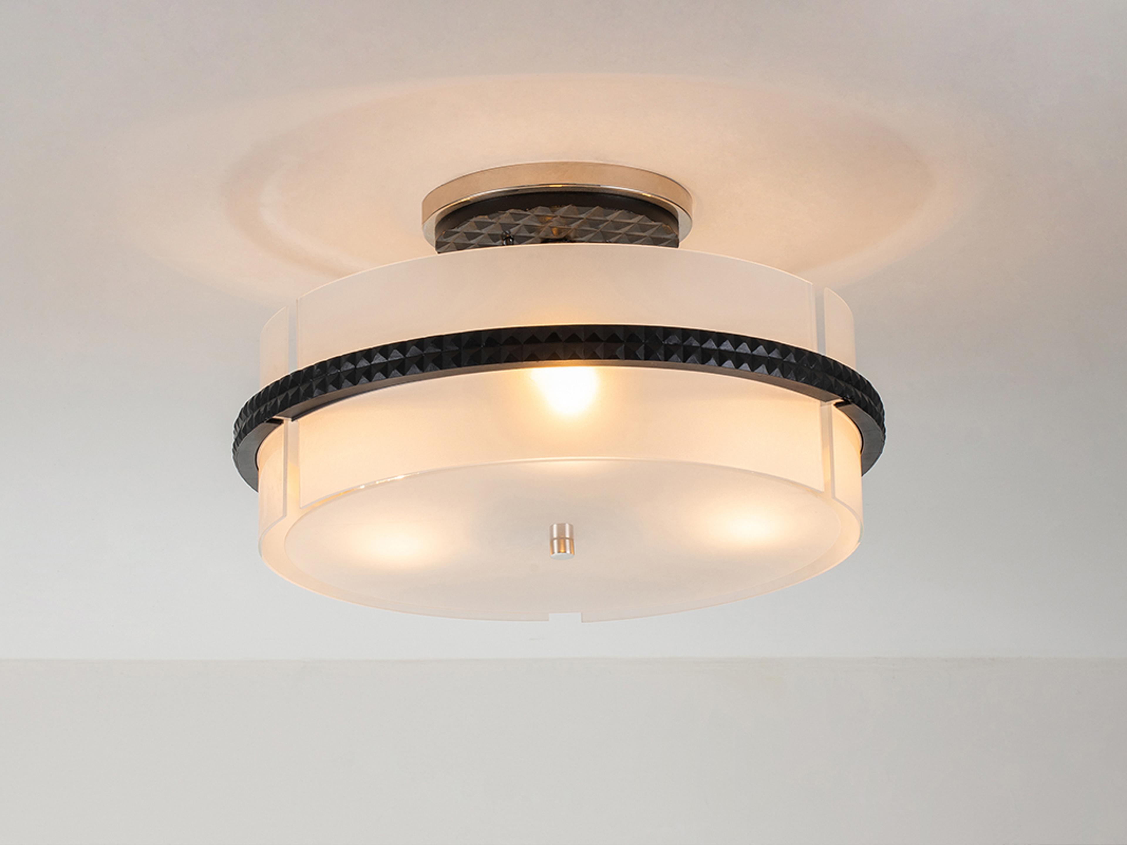 Lucas McKearn Mazant 3-Light Matte Black Polished Chrome Glass Drum Round Semi Flush Mount