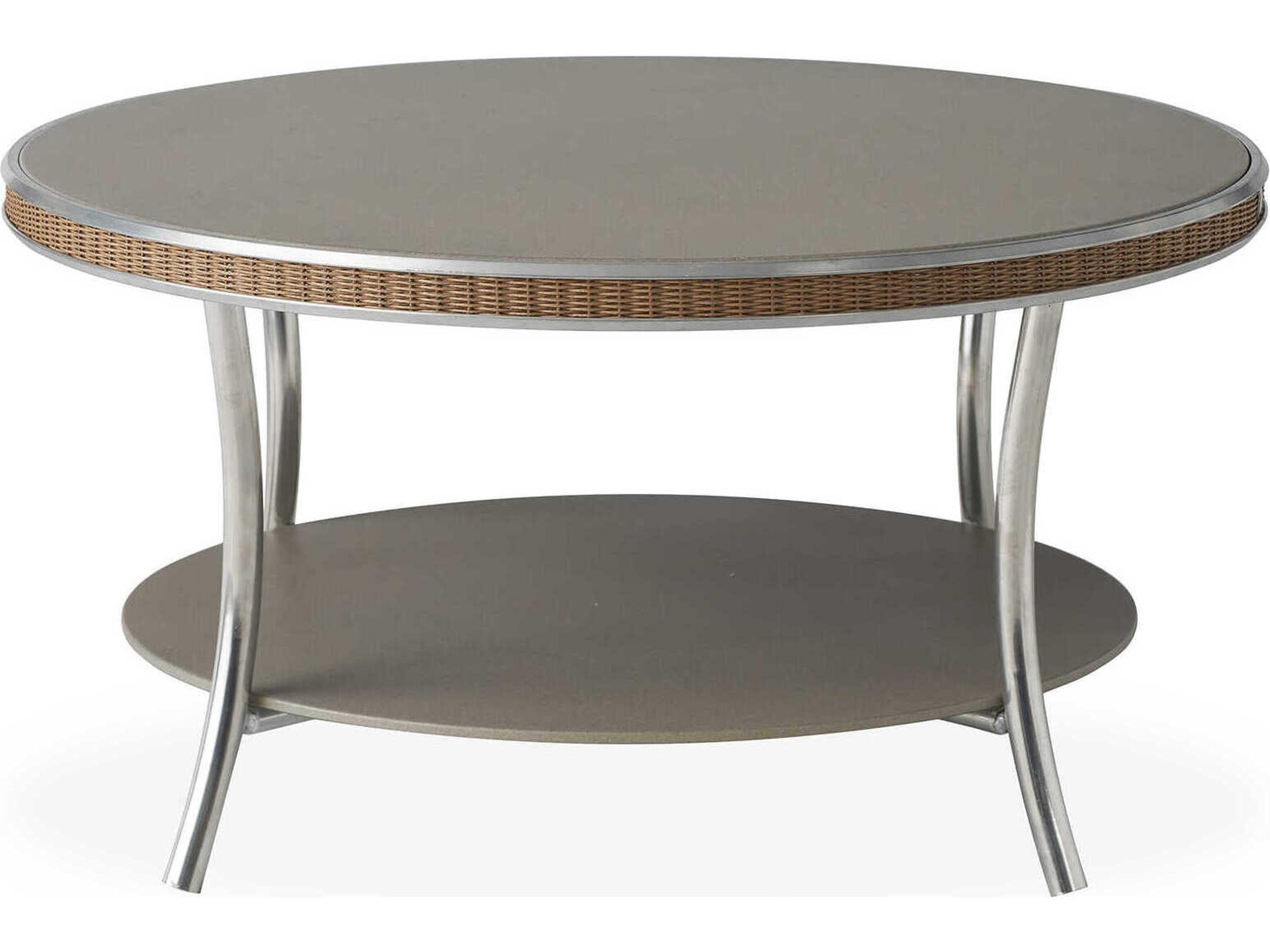 Lloyd Flanders Essence Wicker Round Taupe Glass Top Outdoor Patio Coffee Table