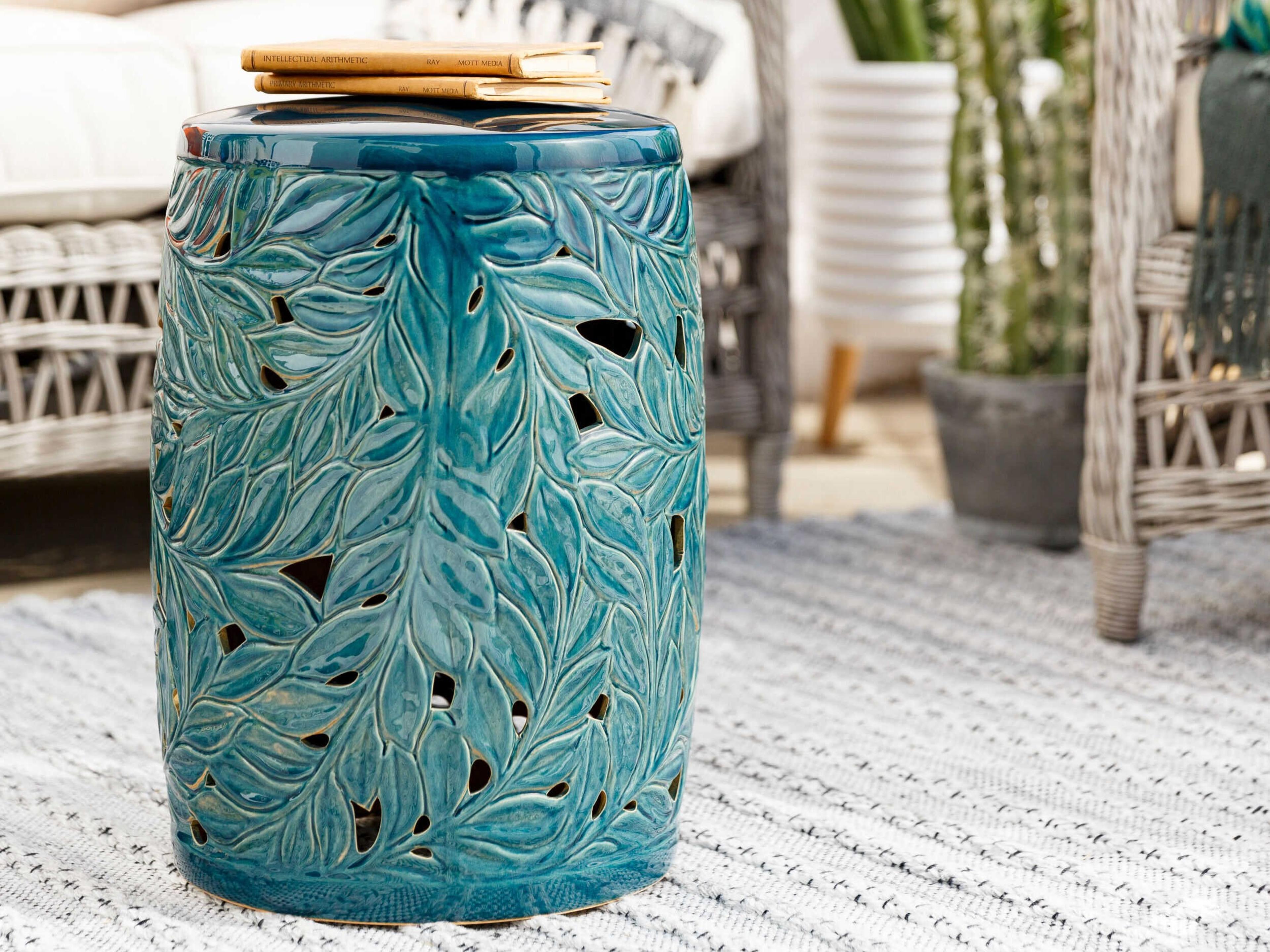 Livabliss by Surya Outdoor Achilles Teal Ceramic Round End Table