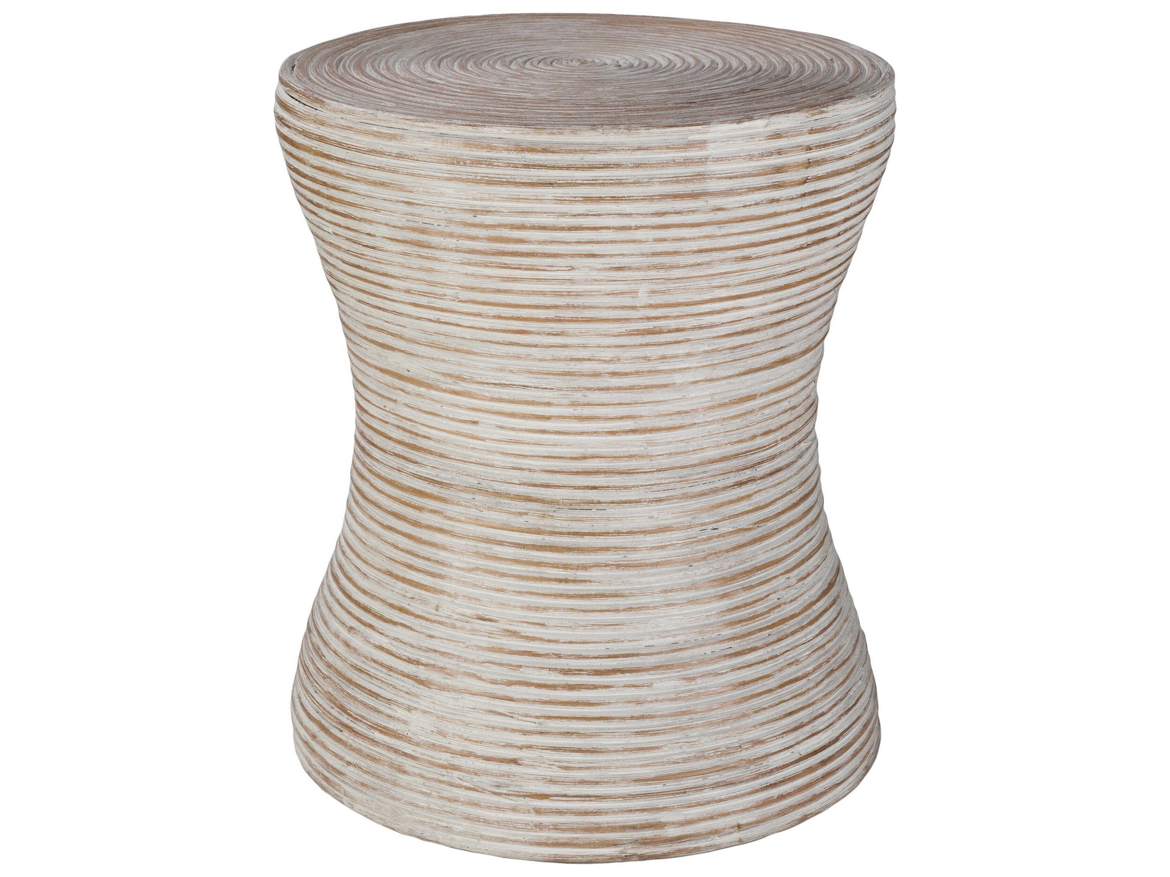Balinese Round Rattan End Table White Washed