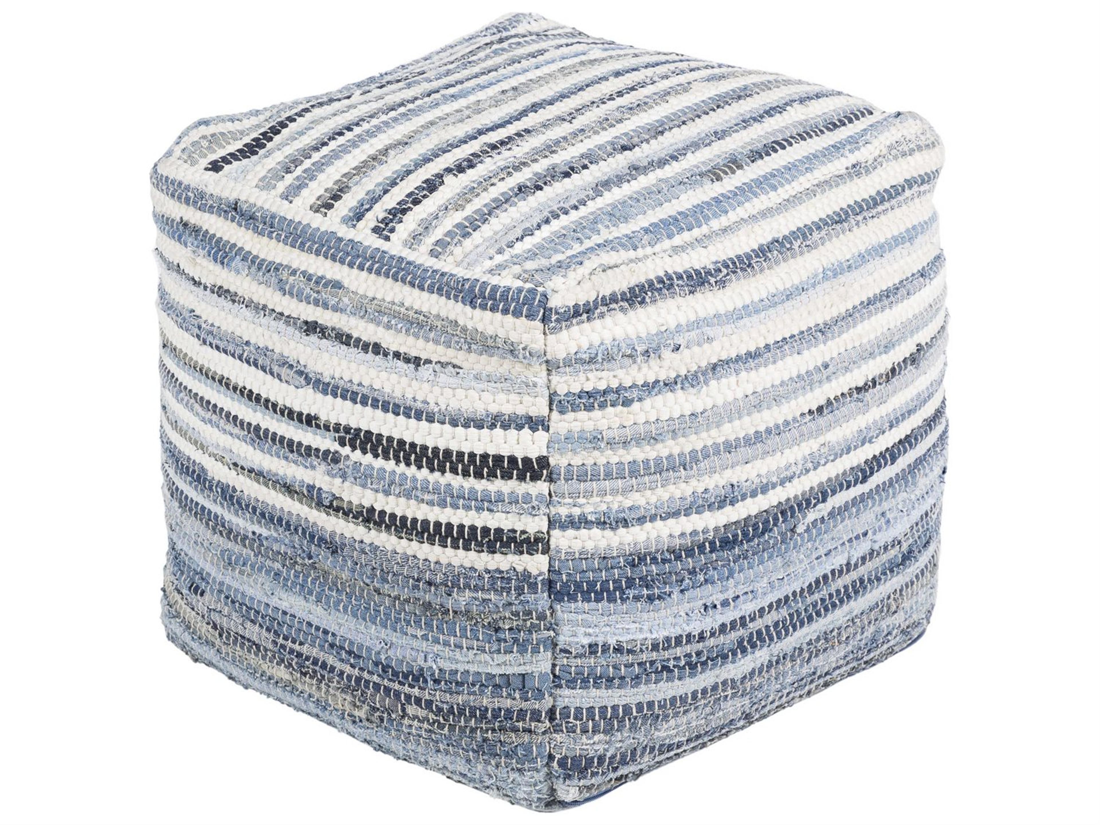 Denim Navy Bright Blue White Upholstered Ottoman