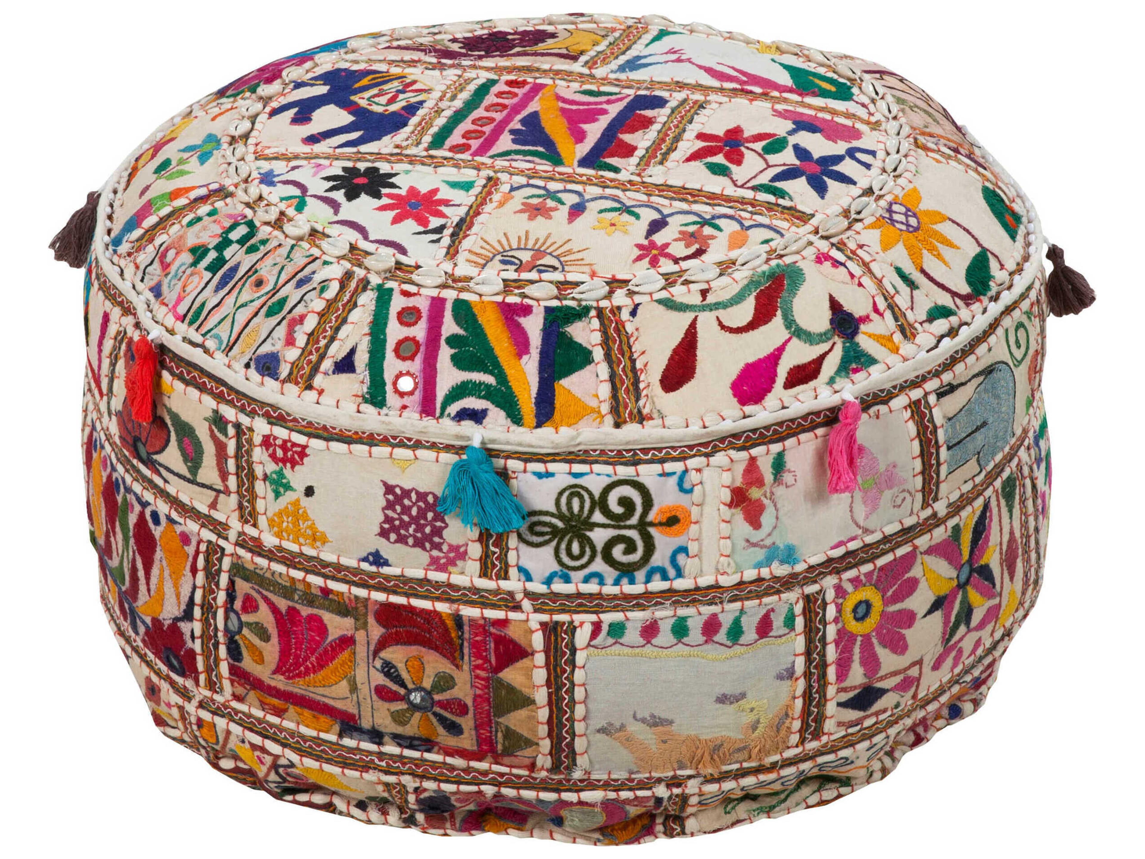 Karma Cream Dark Blue Fuchsia Green Upholstered Ottoman