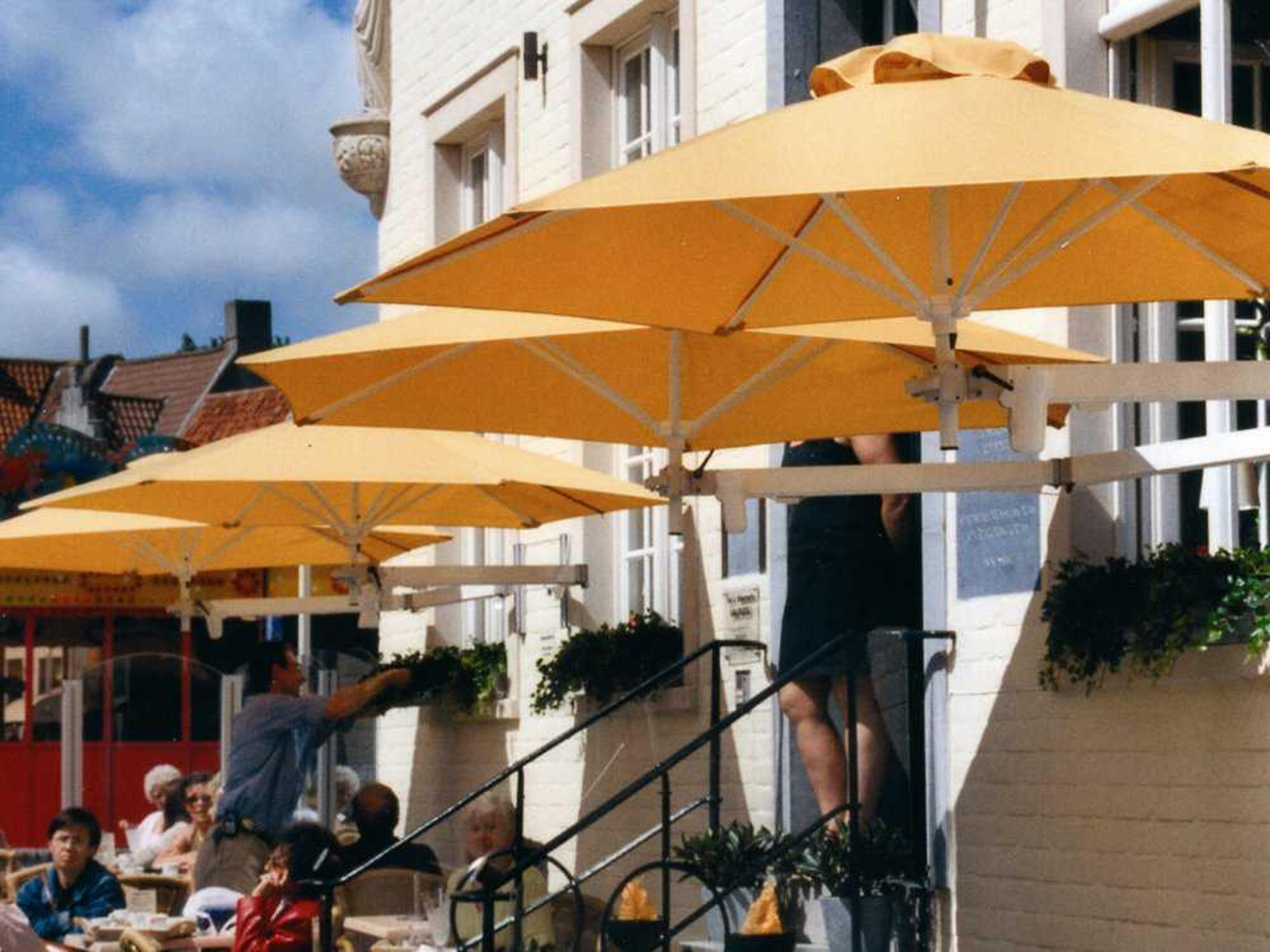 Luxury Umbrellas Paraflex Duo Wallflex 9 Foot Push Lift Tilt Patio Wall Mount Umbrella Set of 2