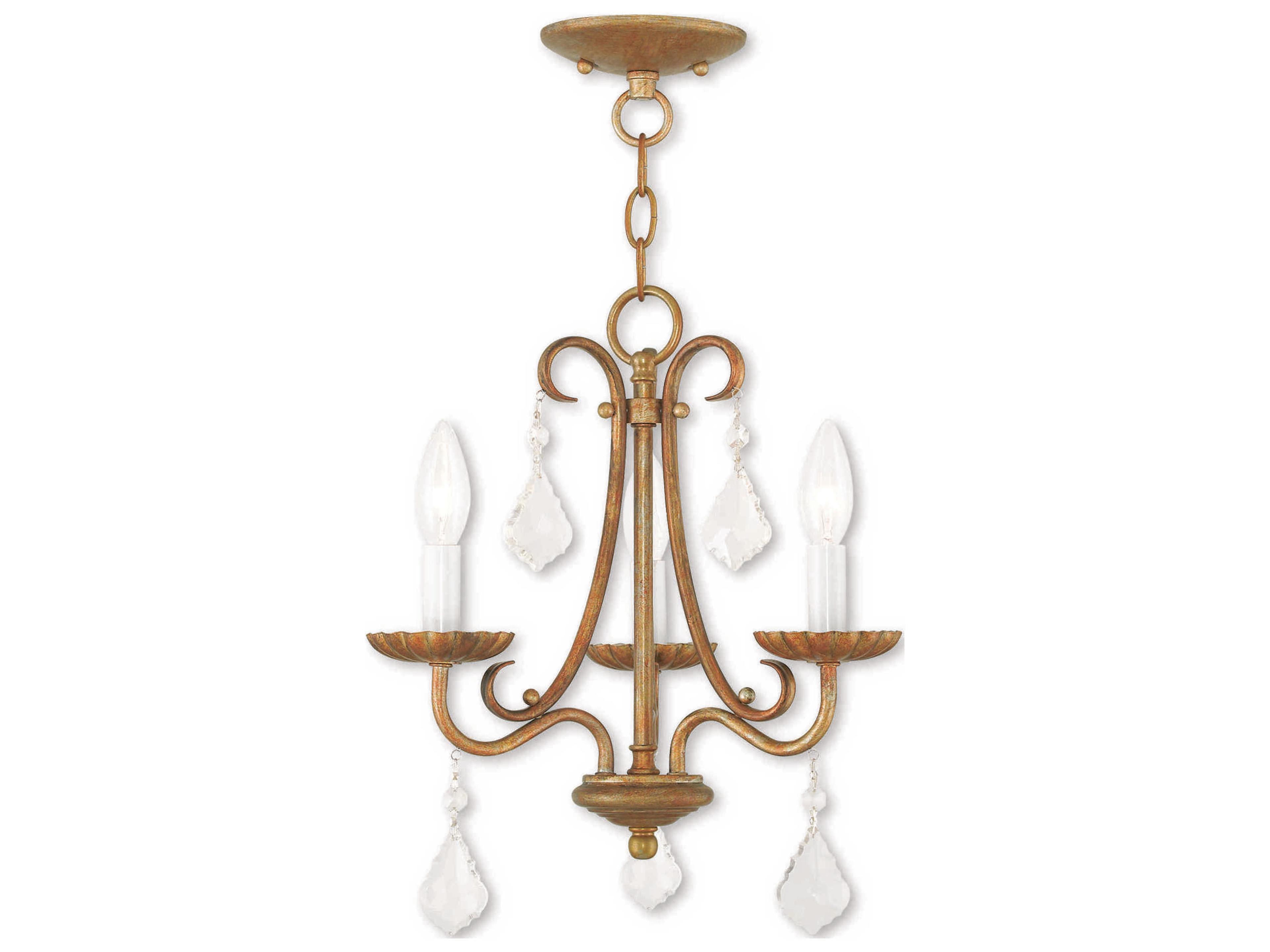 Daphne 3-Light Antique Gold Leaf Crystal Candelabra Chandelier