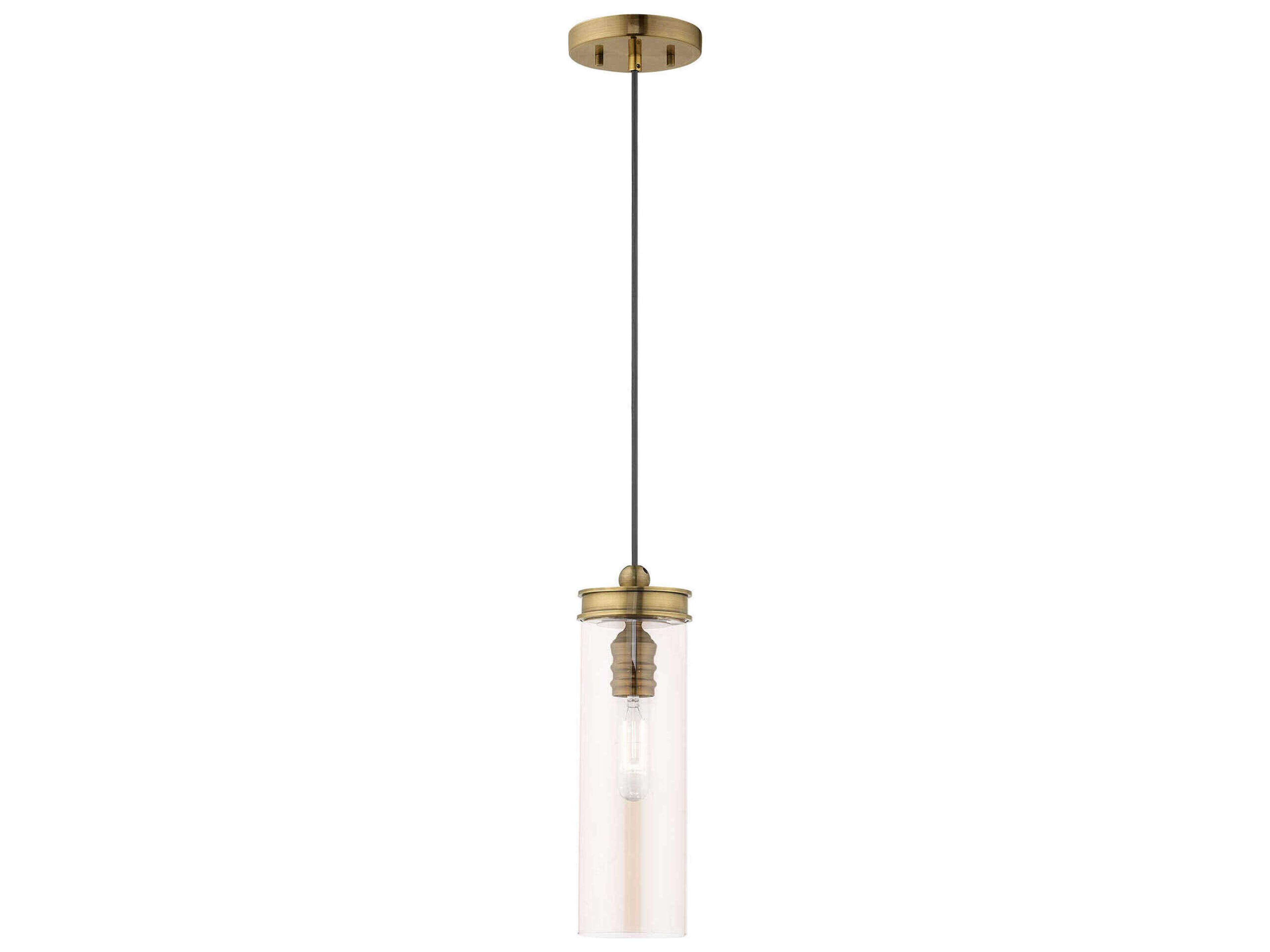 Art Glass 1-Light Antique Brass Clear Cylinder Mini Pendant