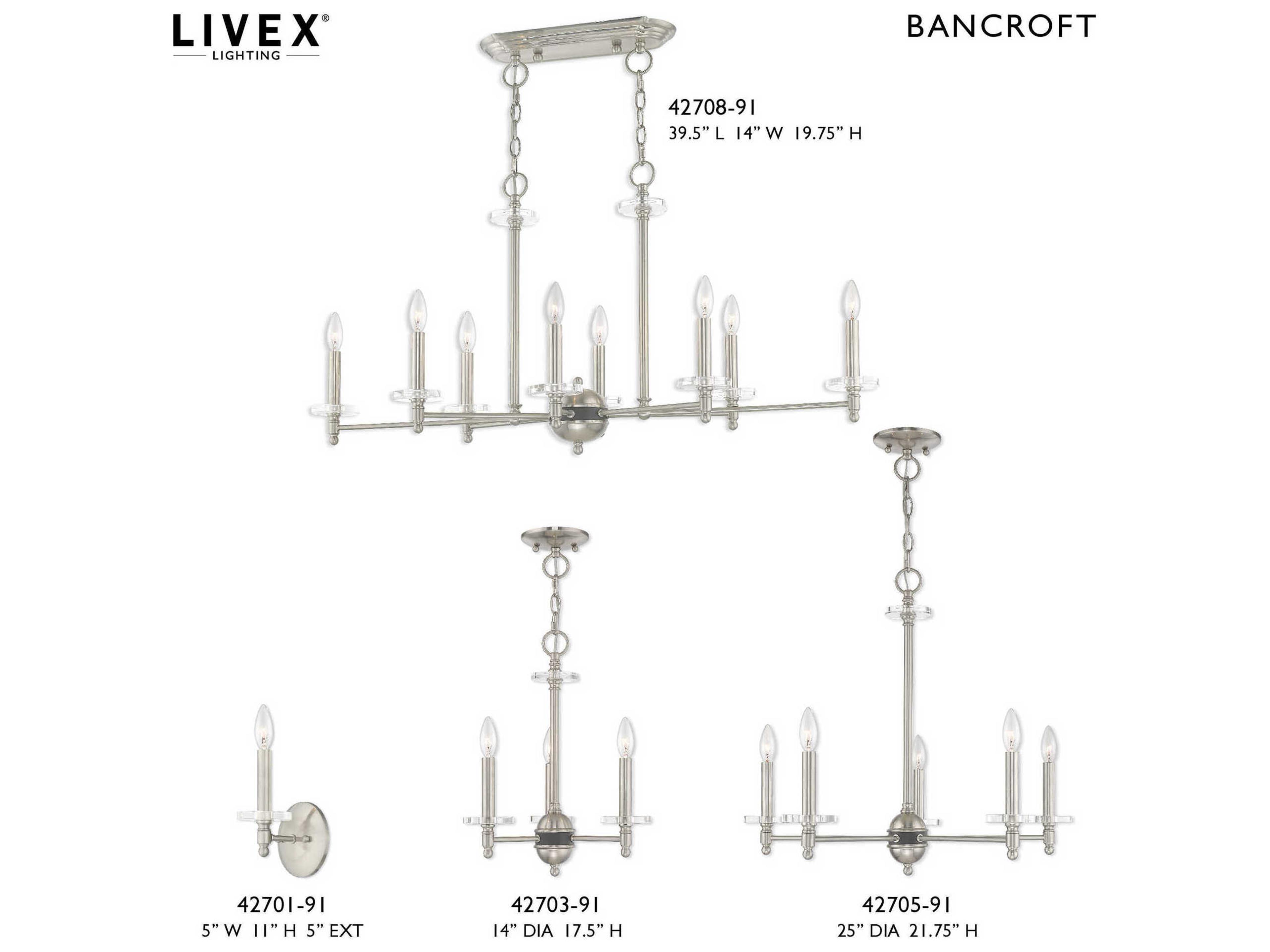 Livex Lighting Bennington 3-Light Brushed Nickel Crystal Candelabra Chandelier