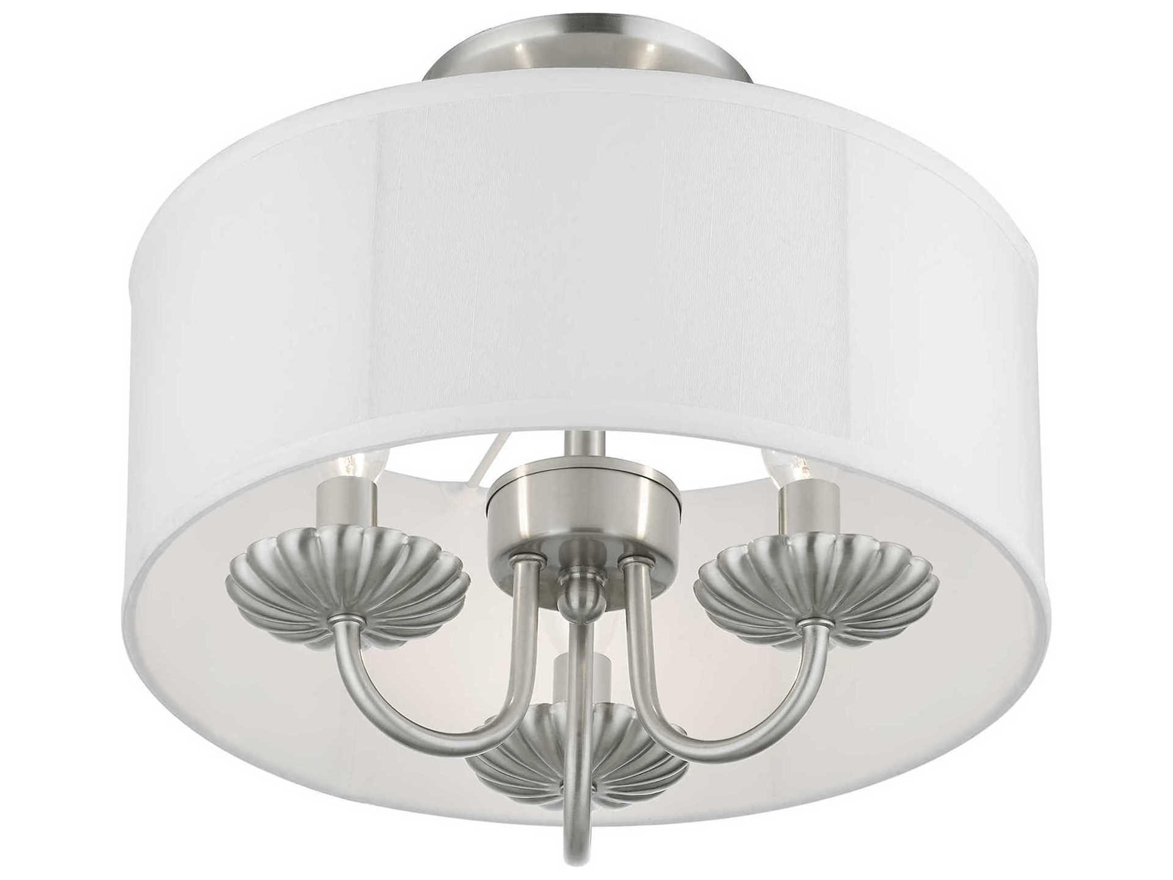 Livex Lighting Brookdale 3-Light Brushed Nickel White Drum Semi Flush Mount