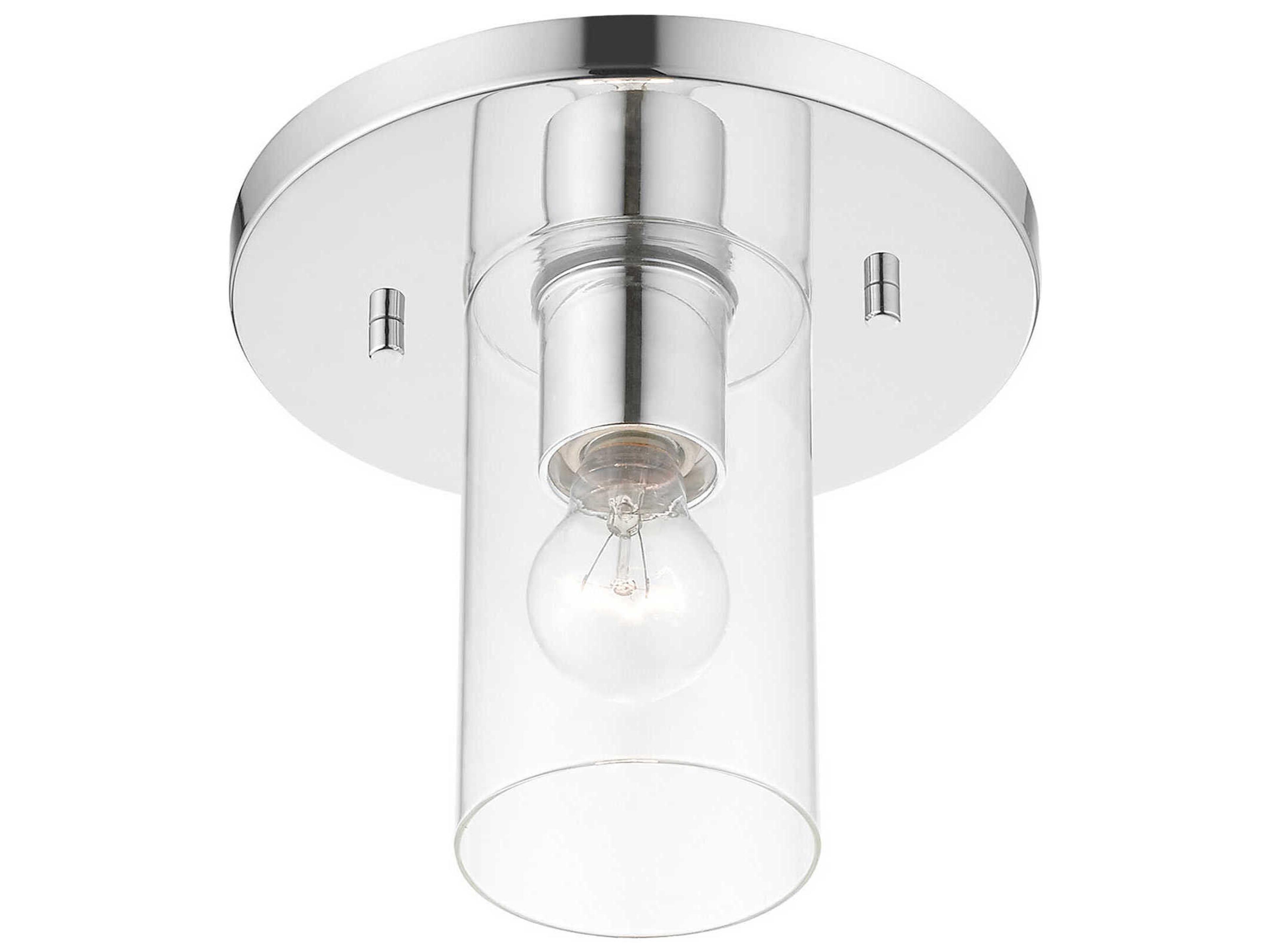 Livex Lighting Zurich 1-Light Polished Chrome Clear Glass Cylinder Geometric Flush Mount