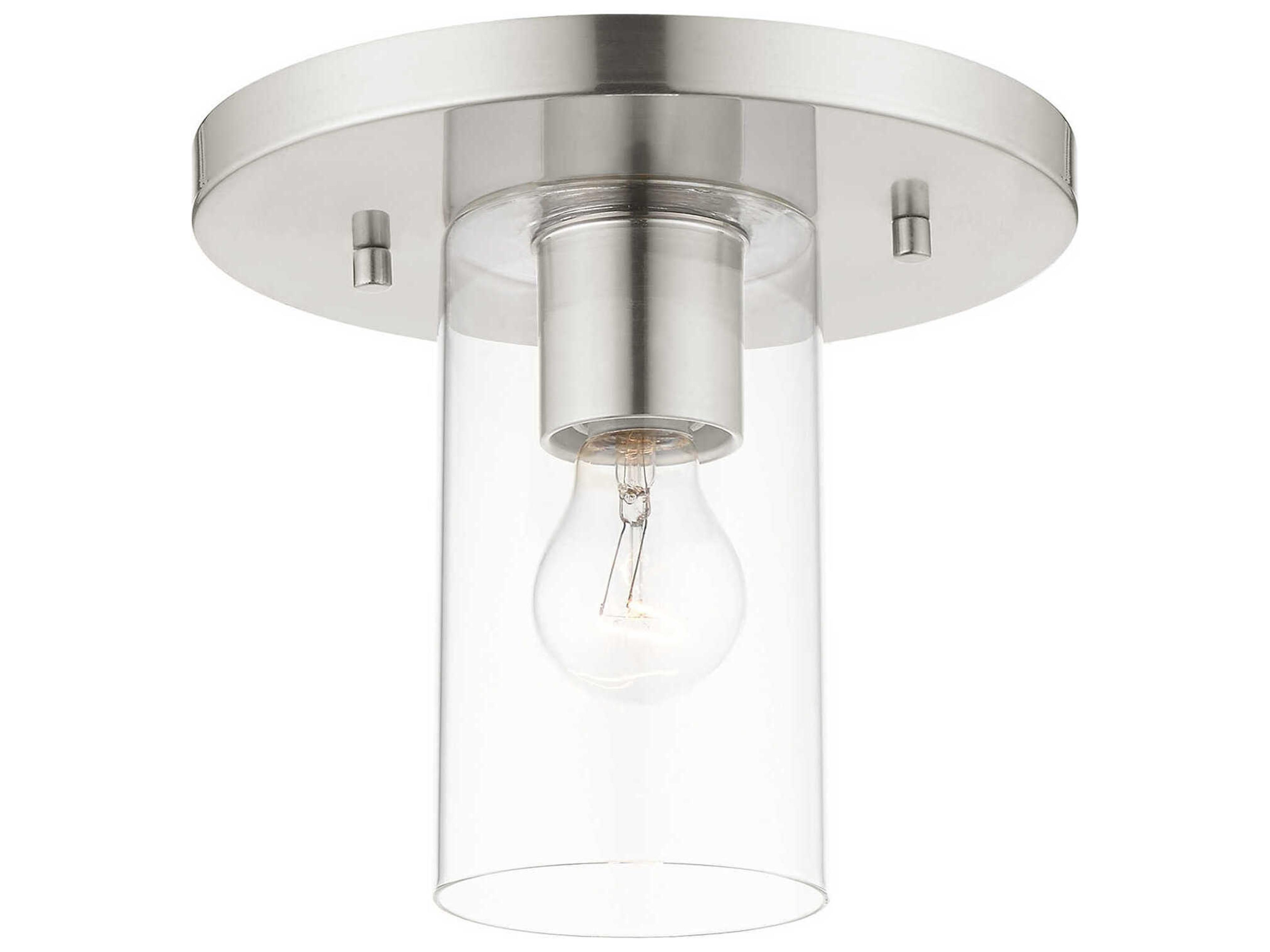 Zurich 1-Light Brushed Nickel Clear Glass Cylinder Geometric Flush Mount