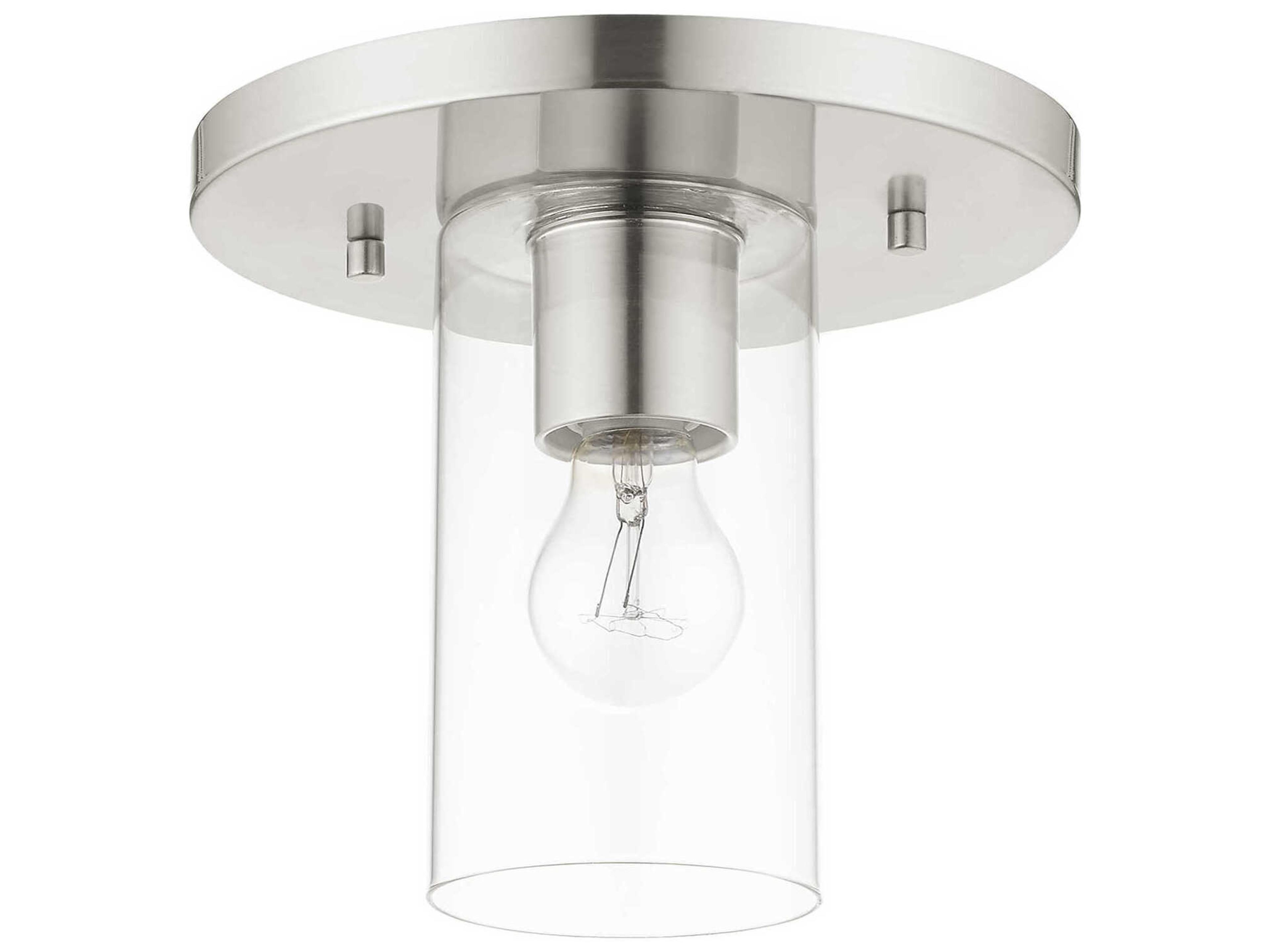 Livex Lighting Zurich 1-Light Brushed Nickel Clear Glass Cylinder Geometric Flush Mount