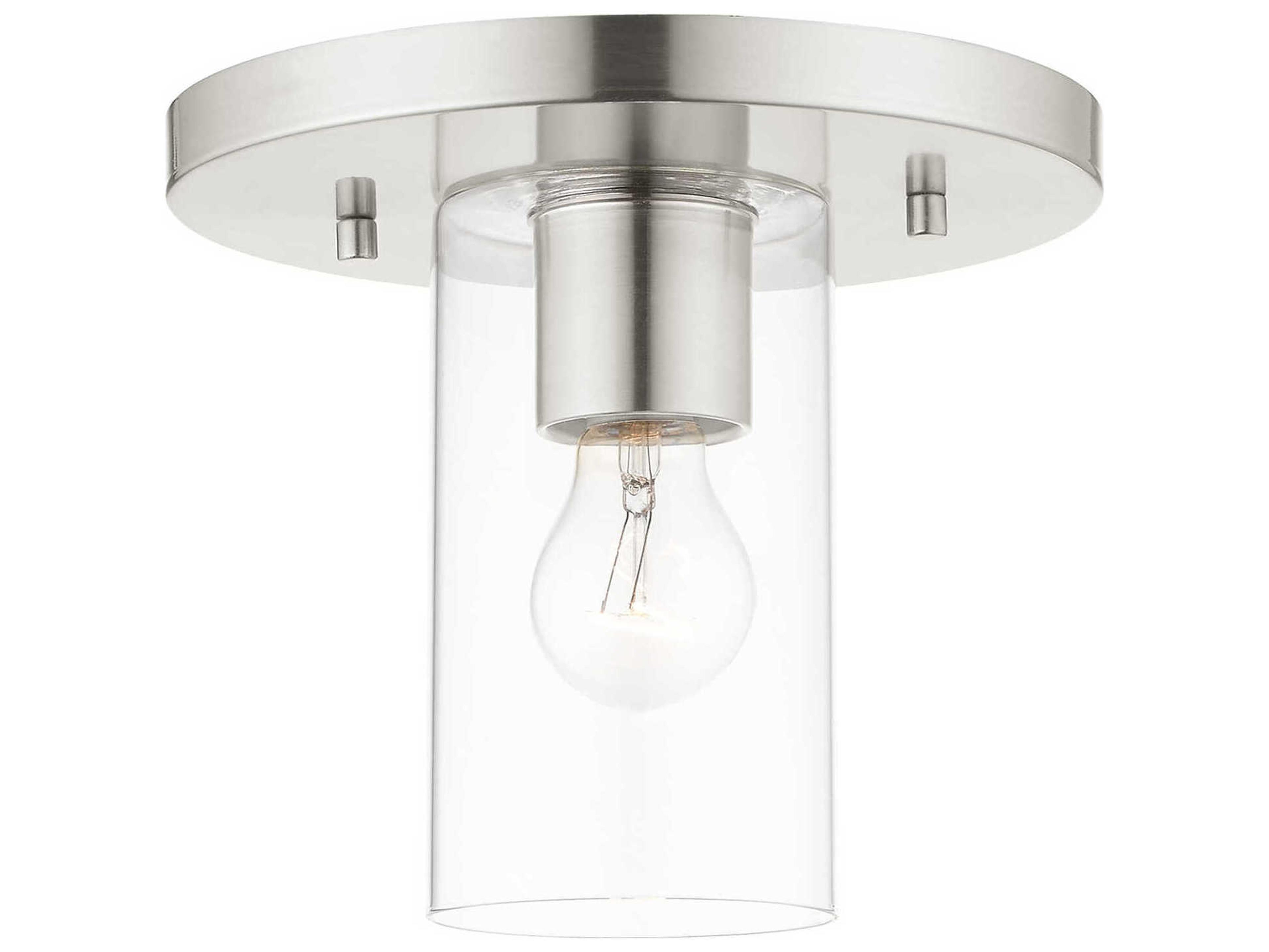 Livex Lighting Zurich 1-Light Brushed Nickel Clear Glass Cylinder Geometric Flush Mount