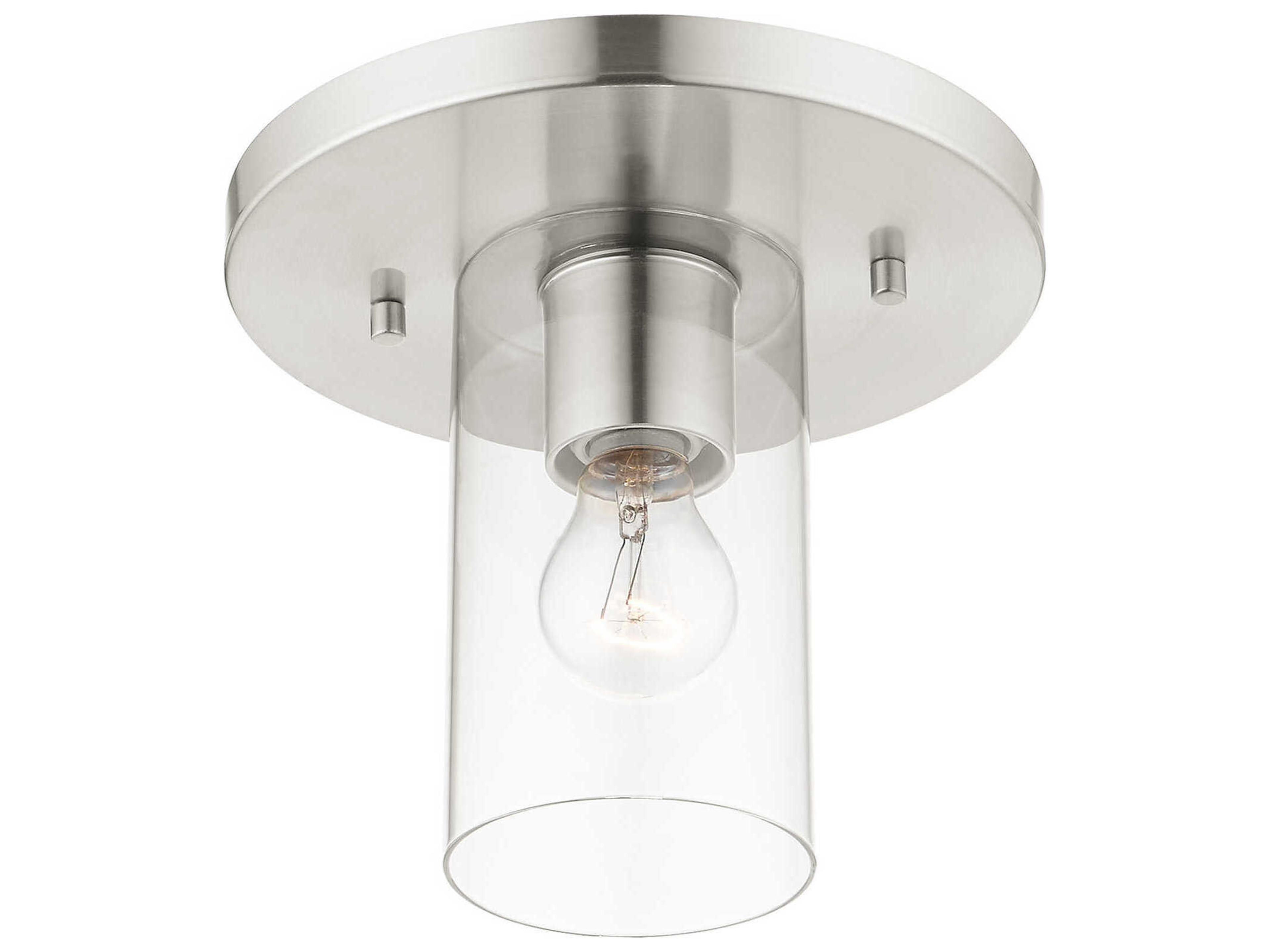 Livex Lighting Zurich 1-Light Brushed Nickel Clear Glass Cylinder Geometric Flush Mount