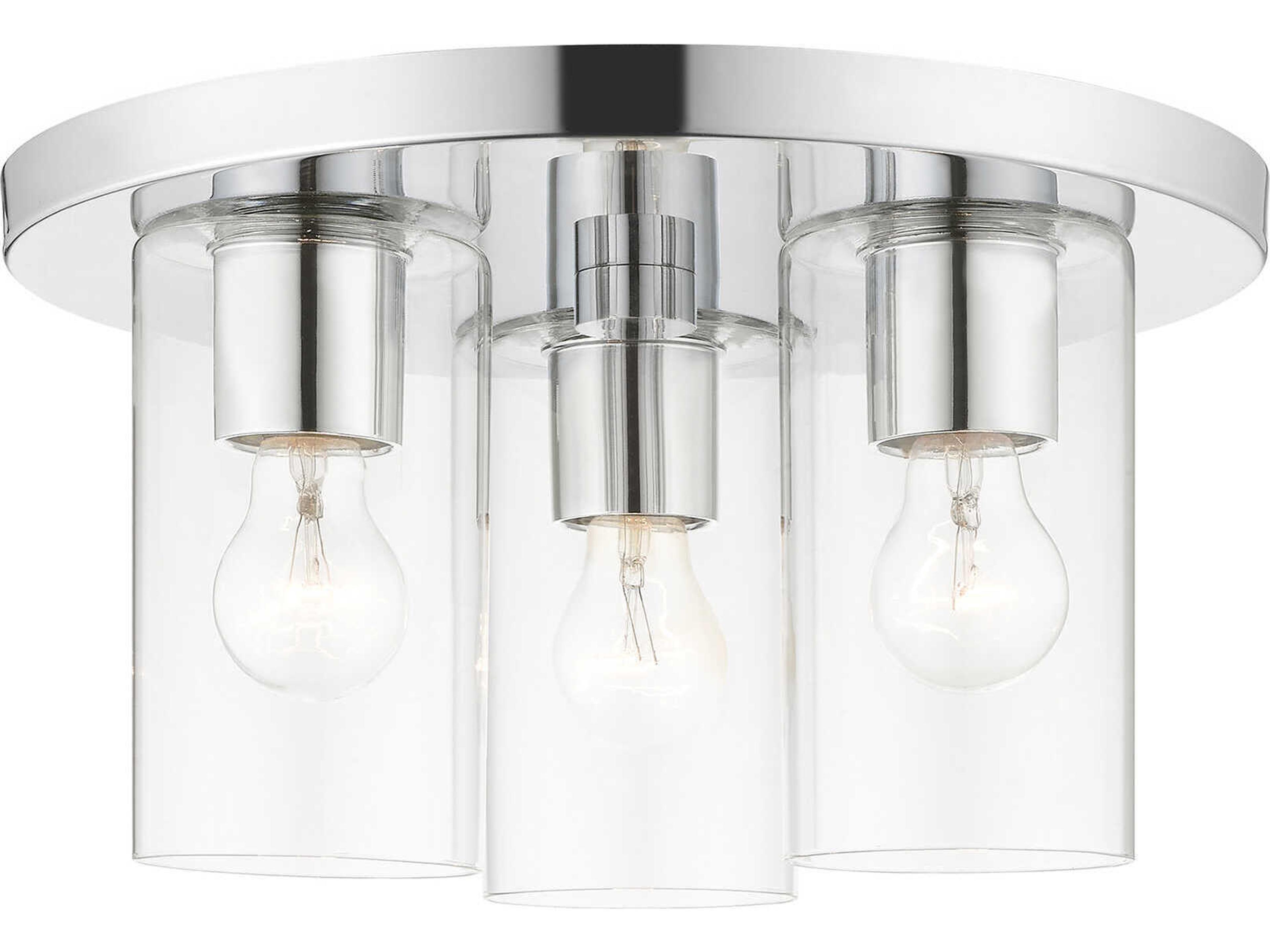 Livex Lighting Zurich 3-Light Polished Chrome Clear Glass Cylinder Geometric Flush Mount