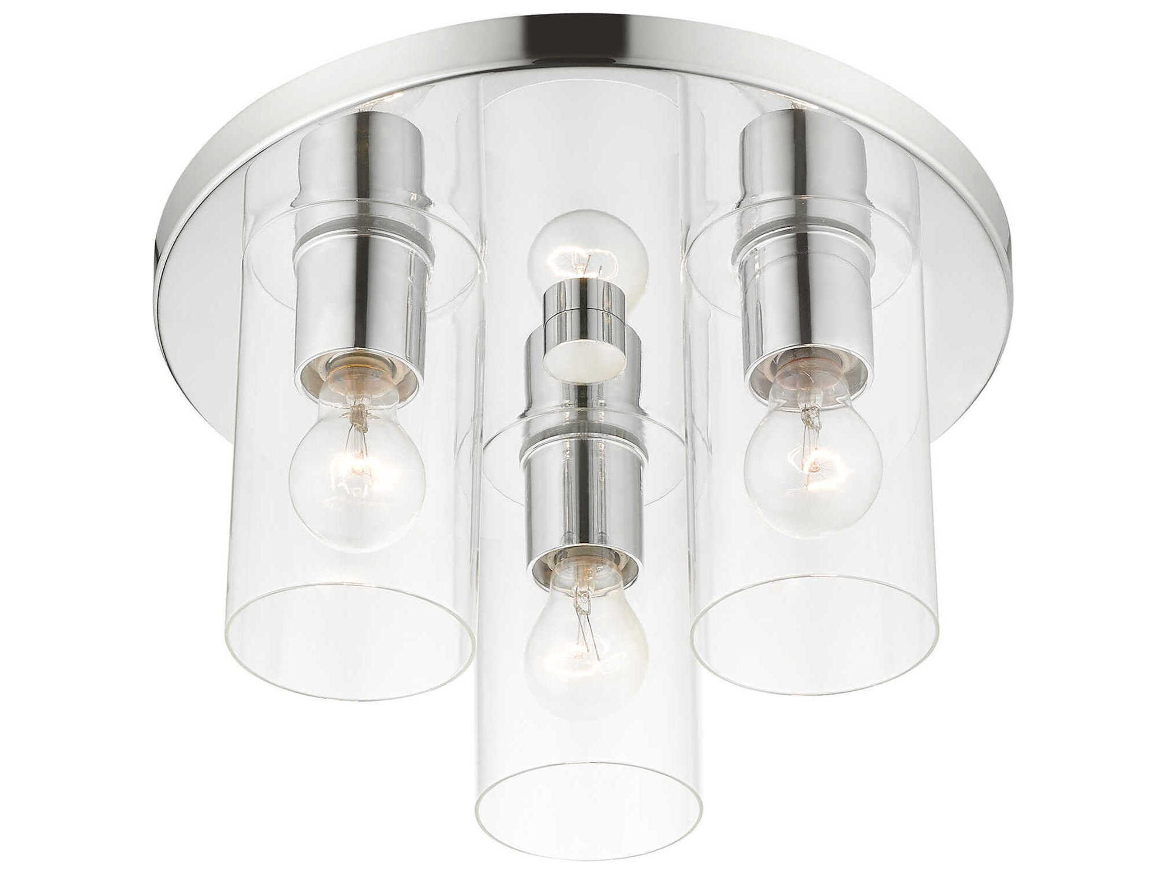 Livex Lighting Zurich 3-Light Polished Chrome Clear Glass Cylinder Geometric Flush Mount