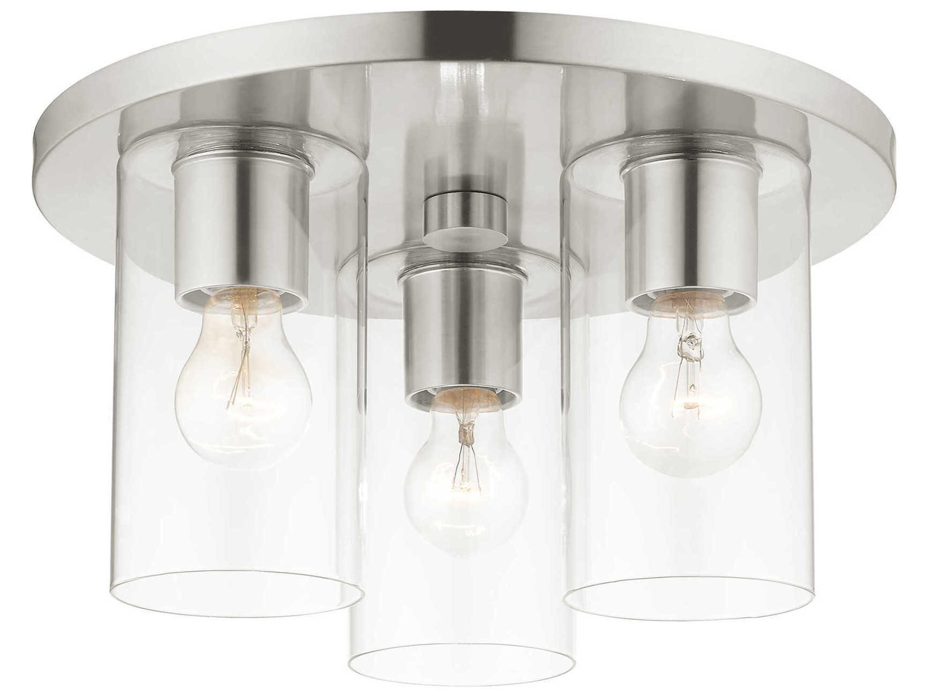 Zurich 3-Light Brushed Nickel Clear Glass Cylinder Geometric Flush Mount