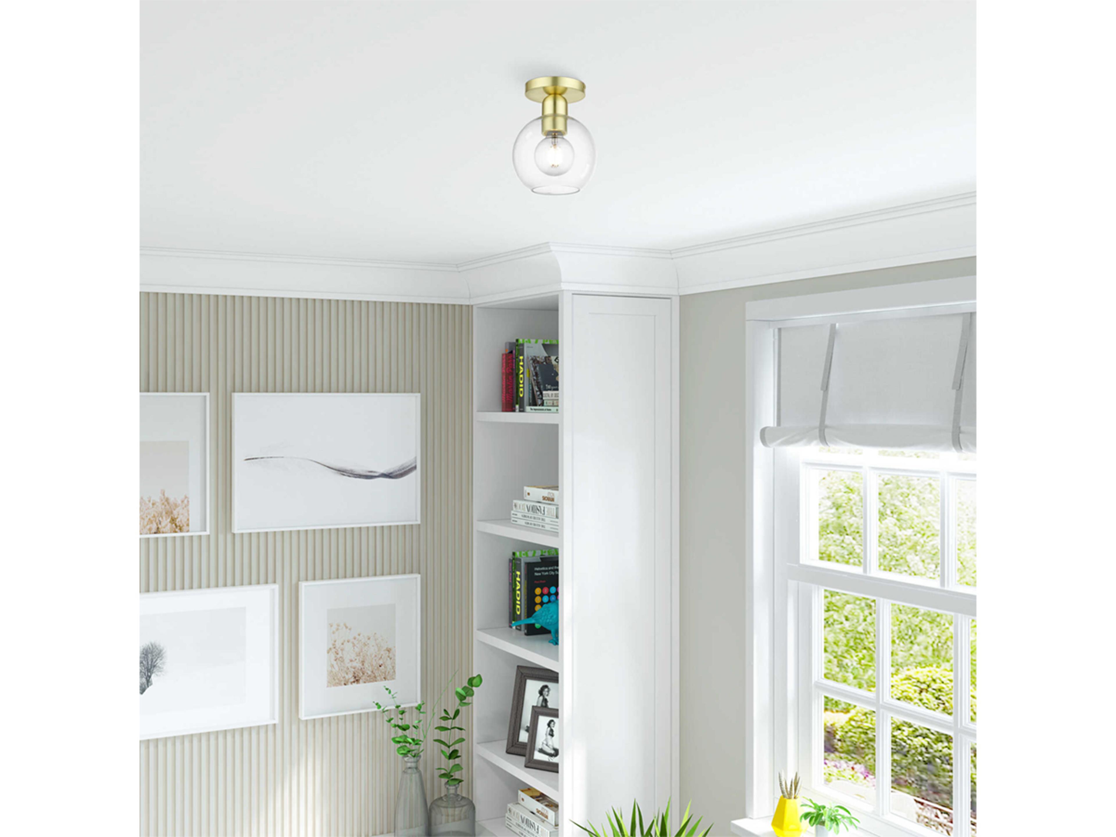 Livex Lighting Downtown 1-Light Satin Brass Glass Globe Semi Flush Mount