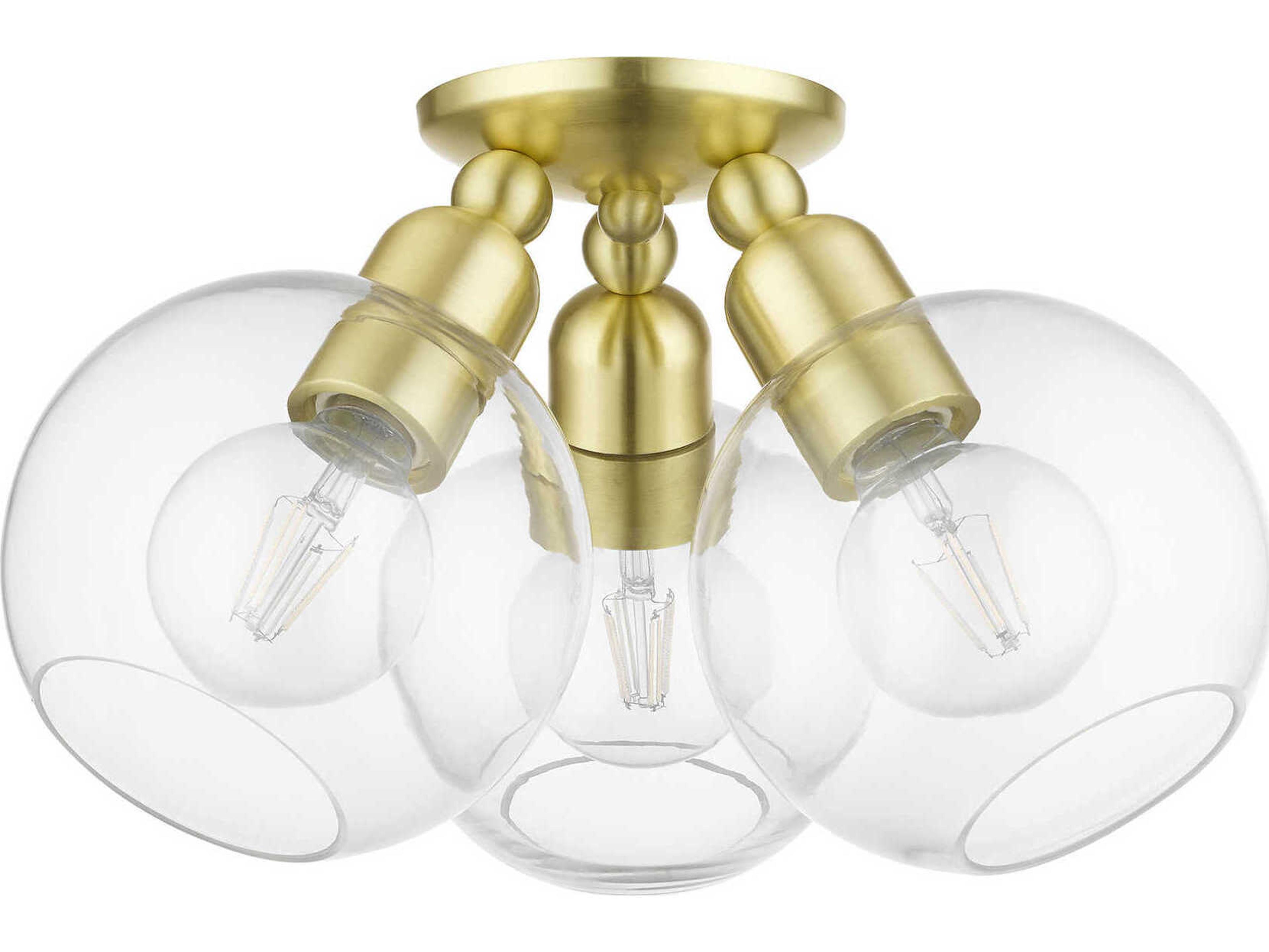 Livex Lighting Downtown 3-Light Satin Brass Glass Globe Semi Flush Mount