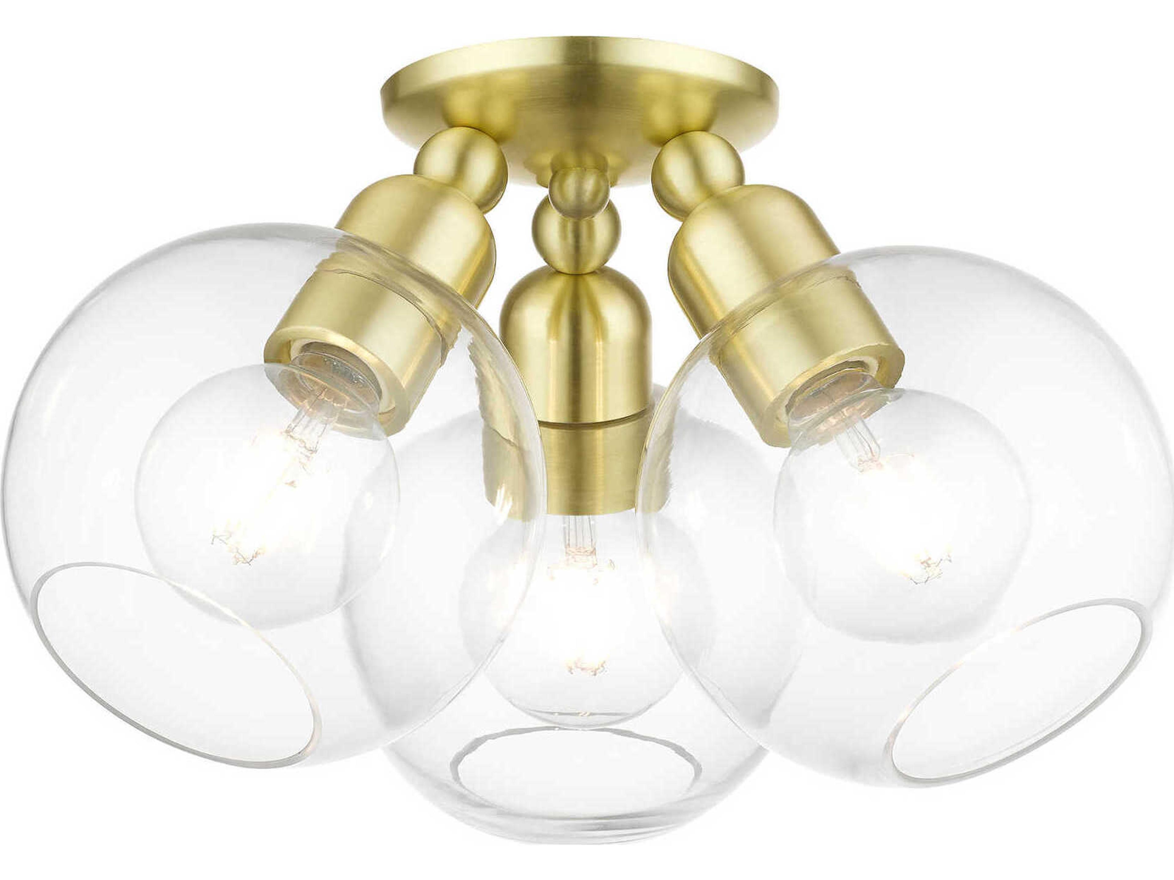 Livex Lighting Downtown 3-Light Satin Brass Glass Globe Semi Flush Mount