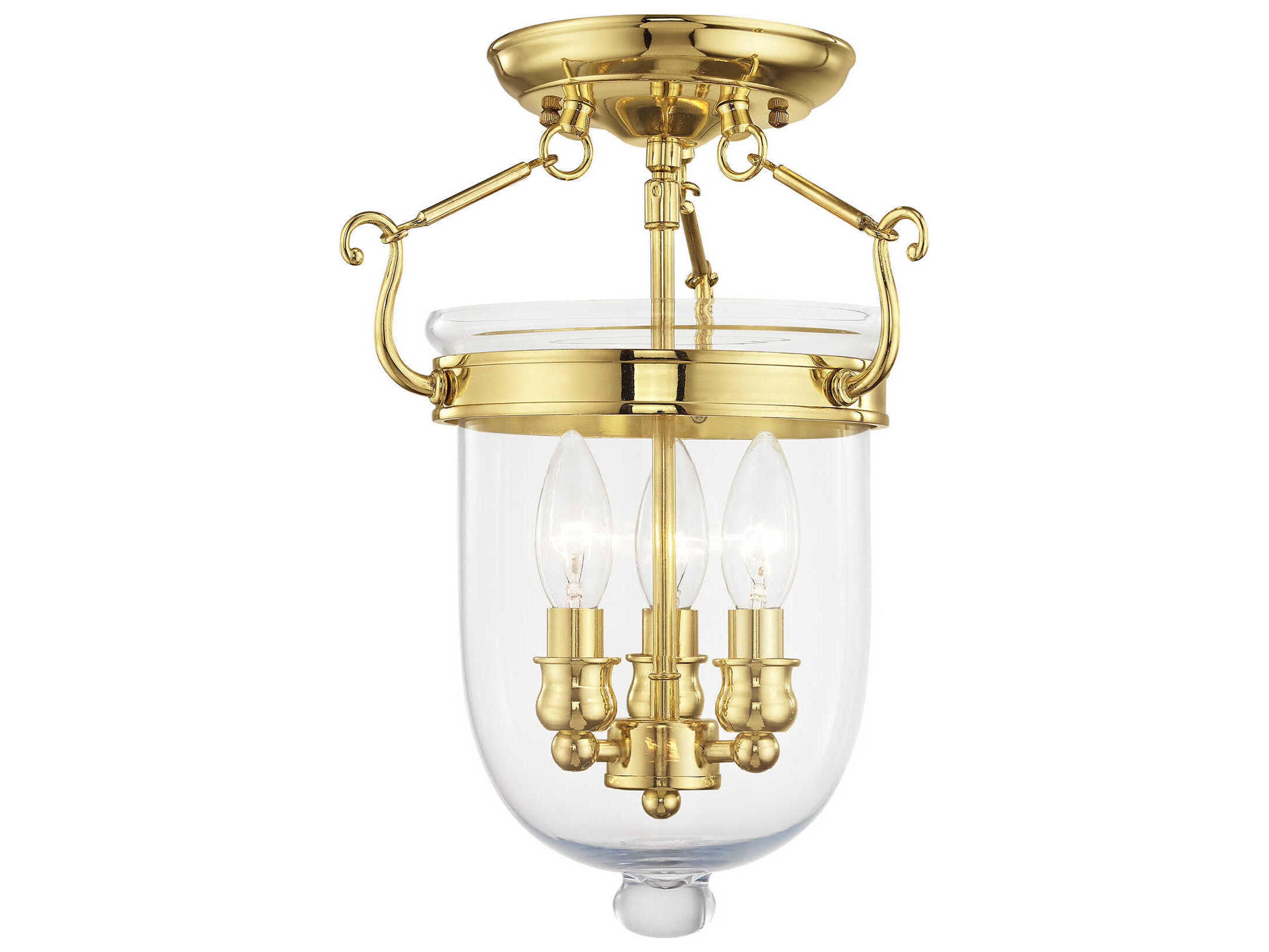 Jefferson 3-Light Polished Brass Glass Bell Semi Flush Mount