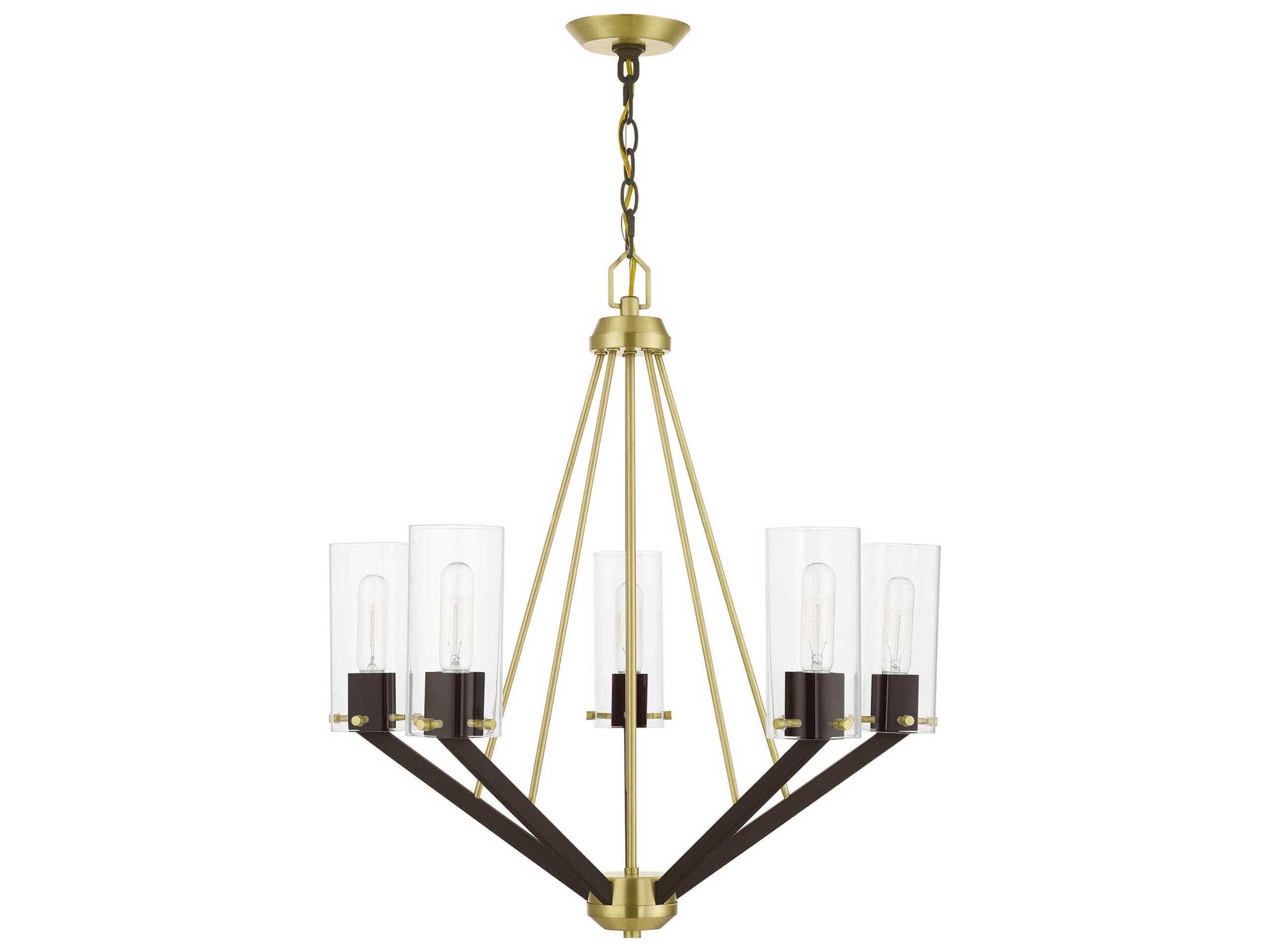 Livex Lighting Beckett 5-Light Satin Brass Bronze Glass Cylinder Chandelier