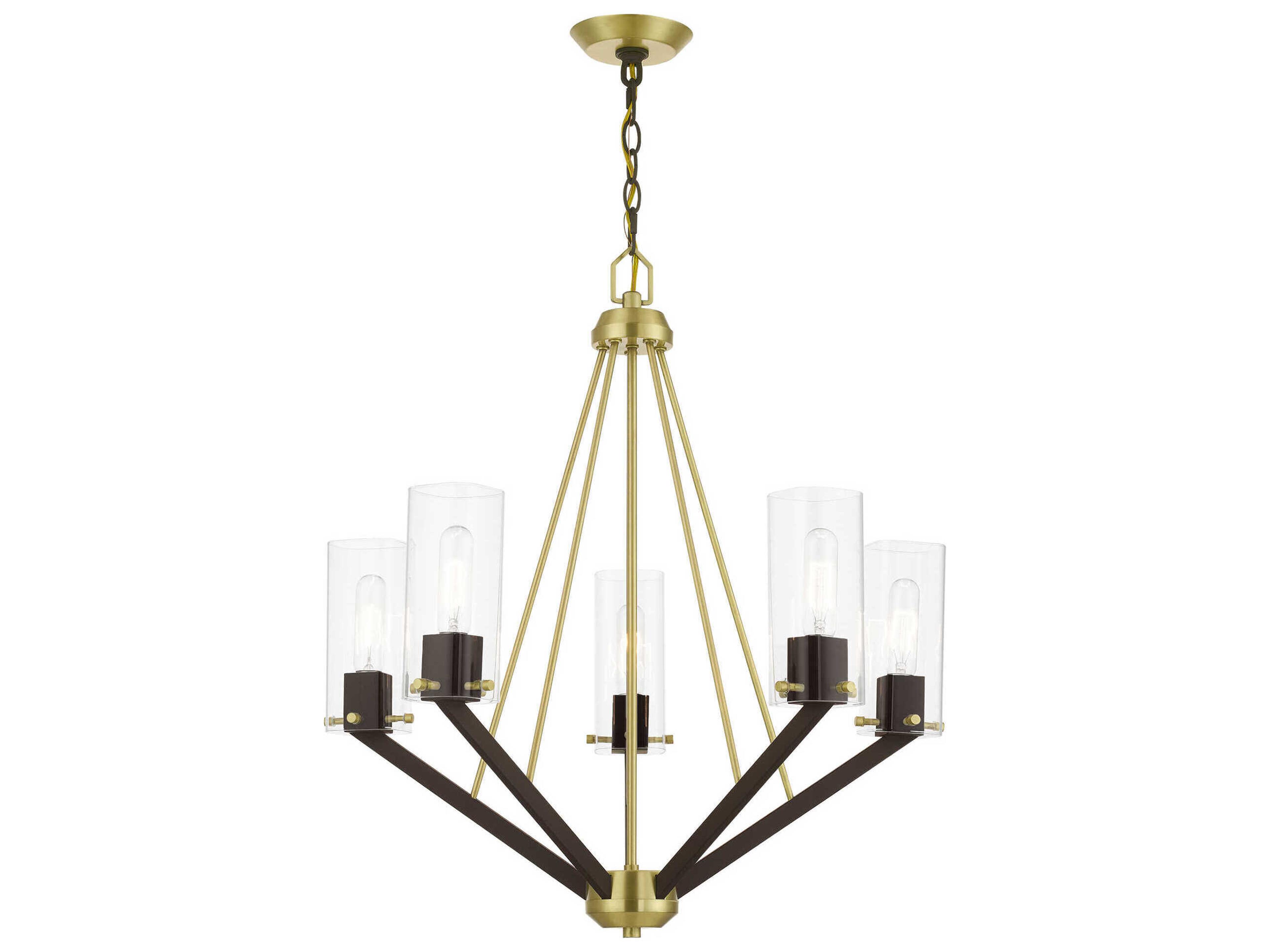 Livex Lighting Beckett 5-Light Satin Brass Bronze Glass Cylinder Chandelier