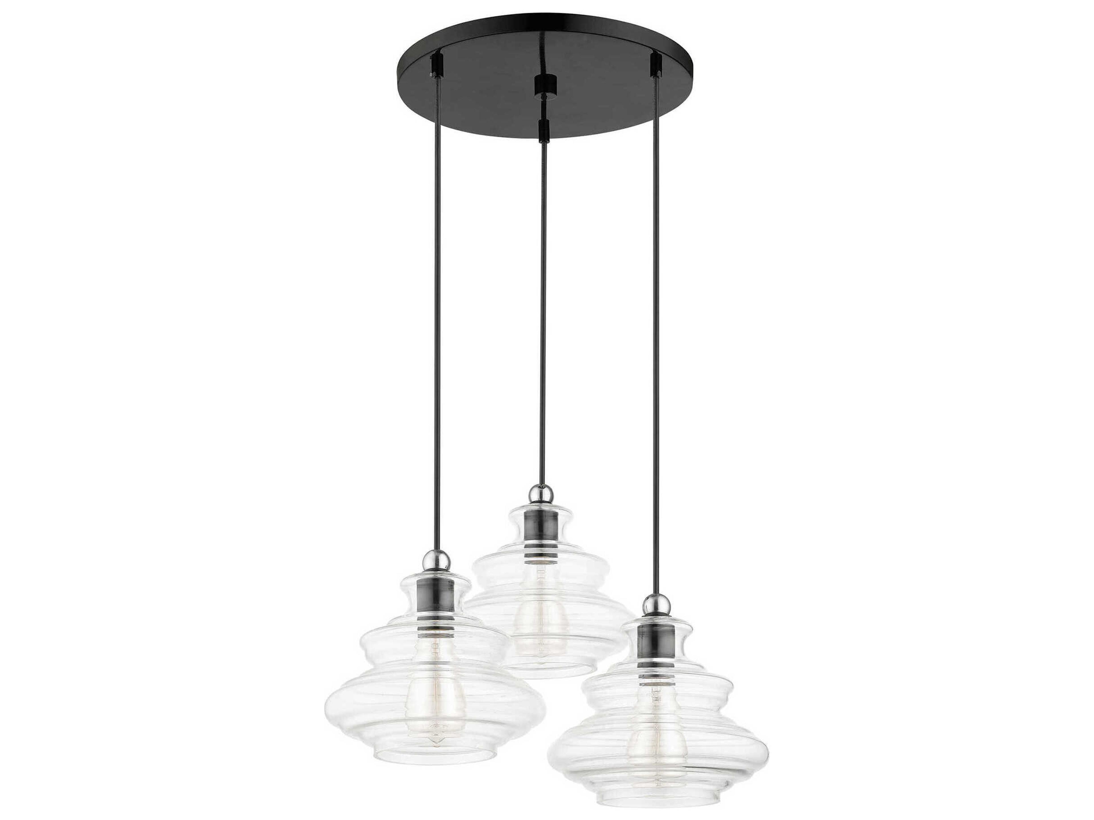 Livex Lighting Everett 3-Light Shiny Black Chrome Glass Pendant