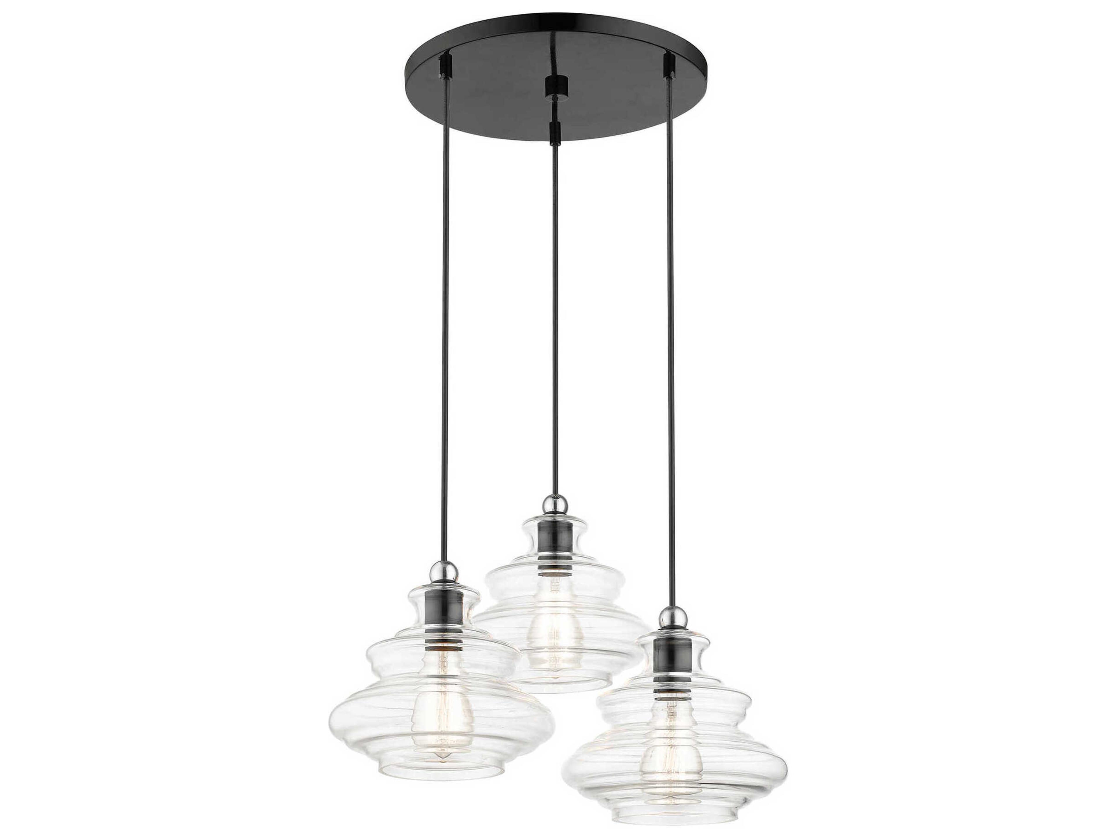 Livex Lighting Everett 3-Light Shiny Black Chrome Glass Pendant