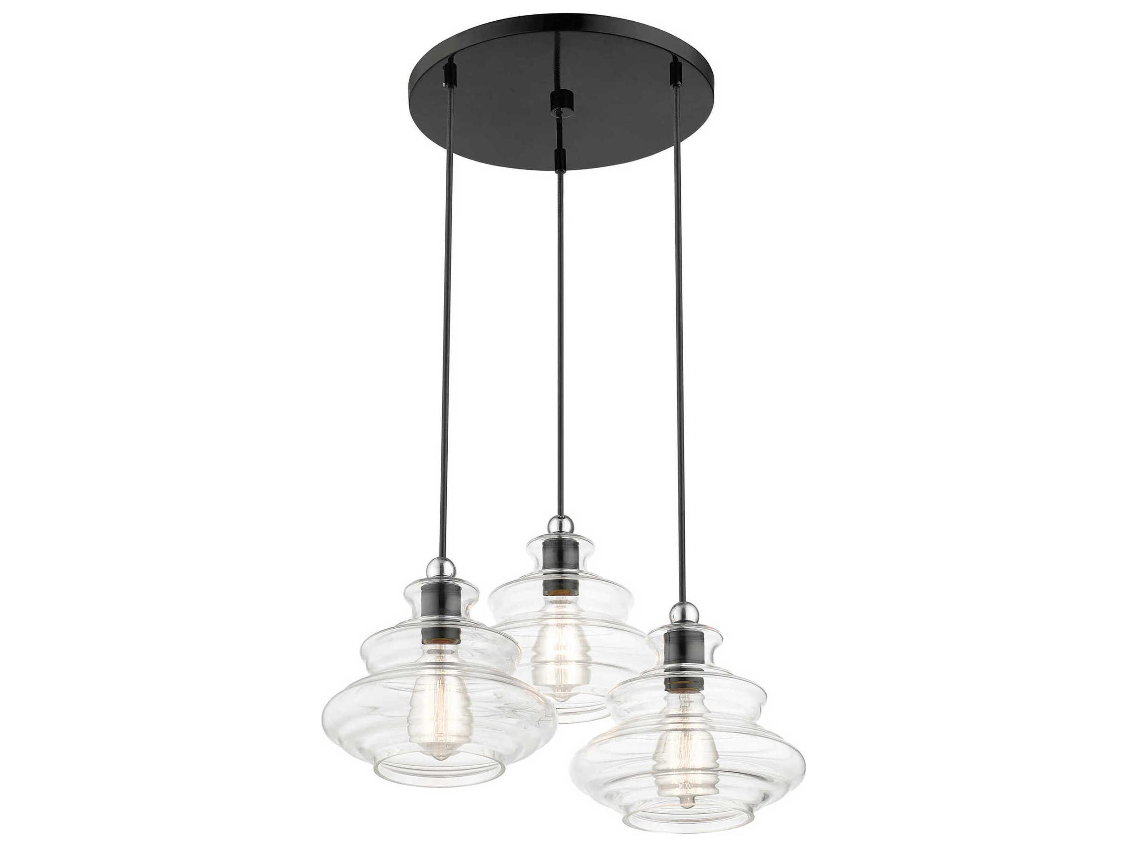 Livex Lighting Everett 3-Light Shiny Black Chrome Glass Pendant