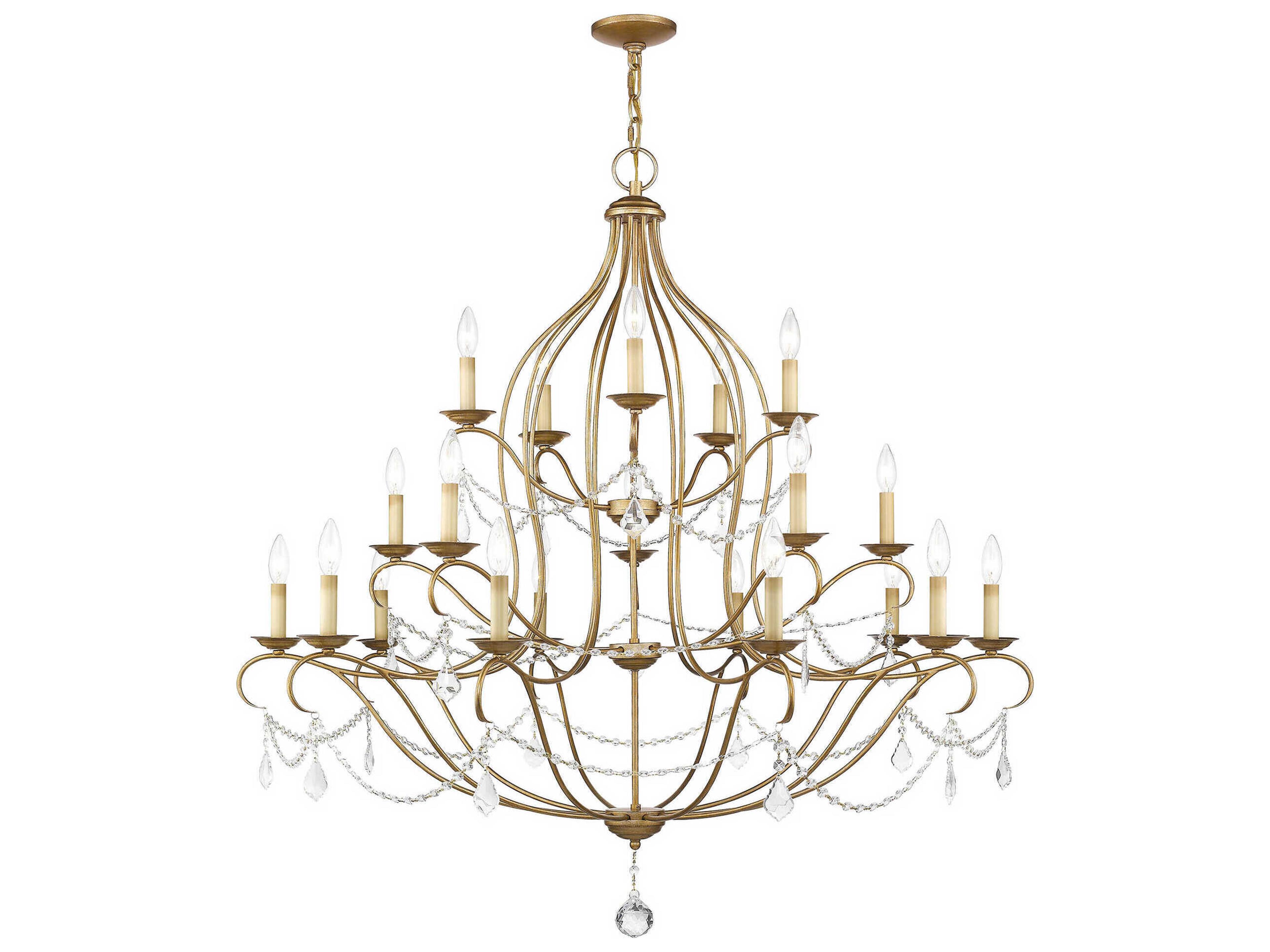 Chesterfield 12-Light Antique Gold Leaf Crystal Candelabra Chandelier