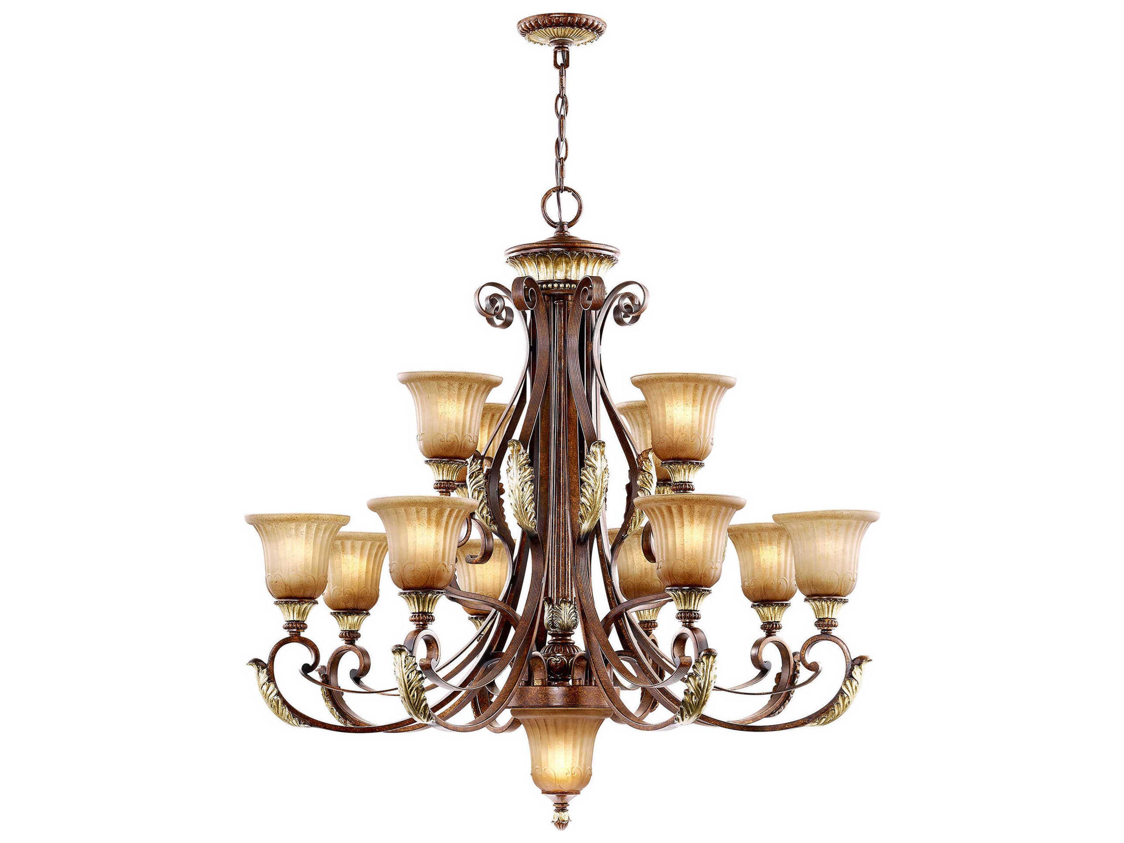 Livex Lighting Villa Verona 13-Light Bronze Aged Gold Leaf Glass Bell Candelabra Tiered Chandelier