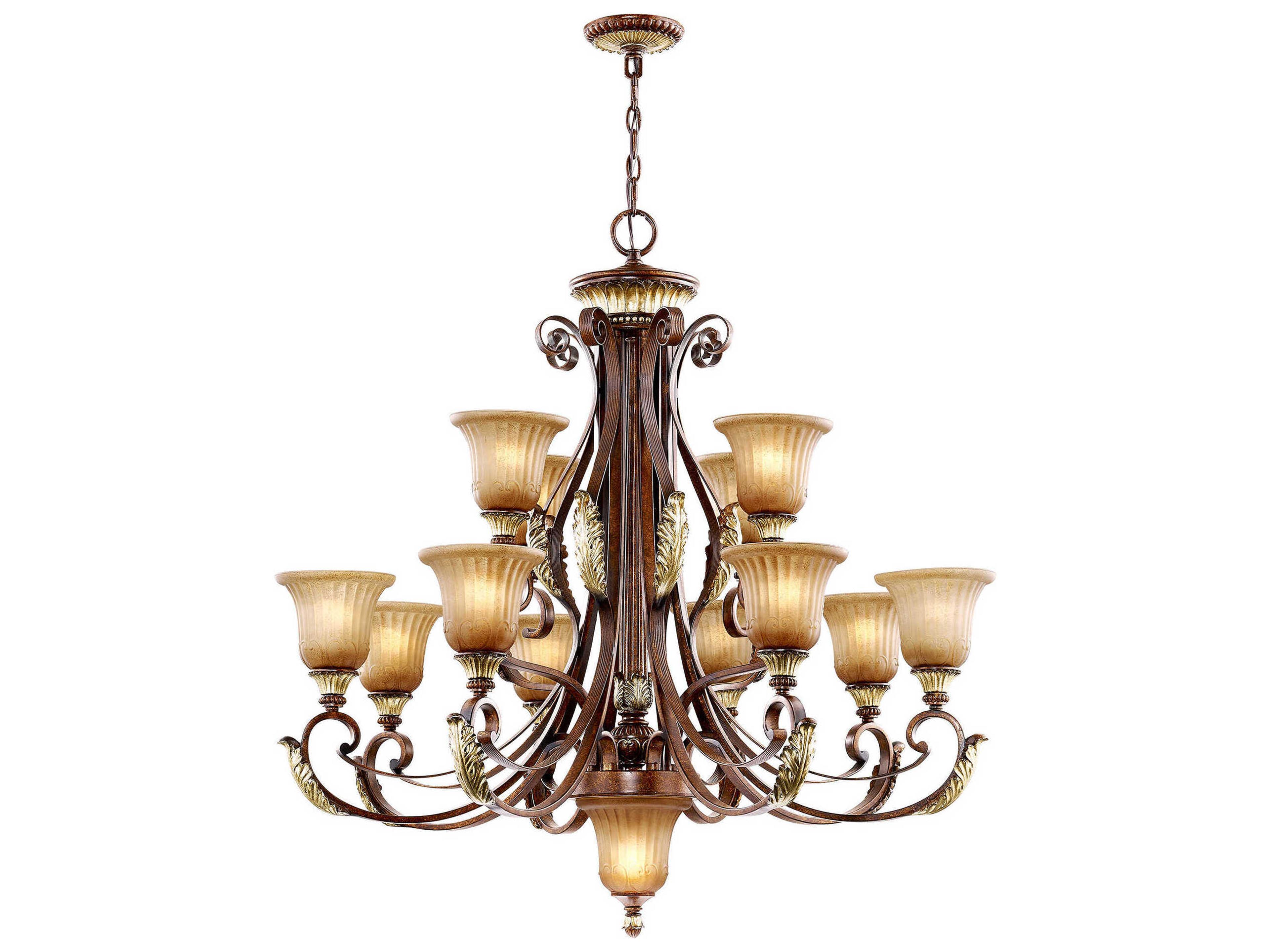 Livex Lighting Villa Verona 13-Light Bronze Aged Gold Leaf Glass Bell Candelabra Tiered Chandelier