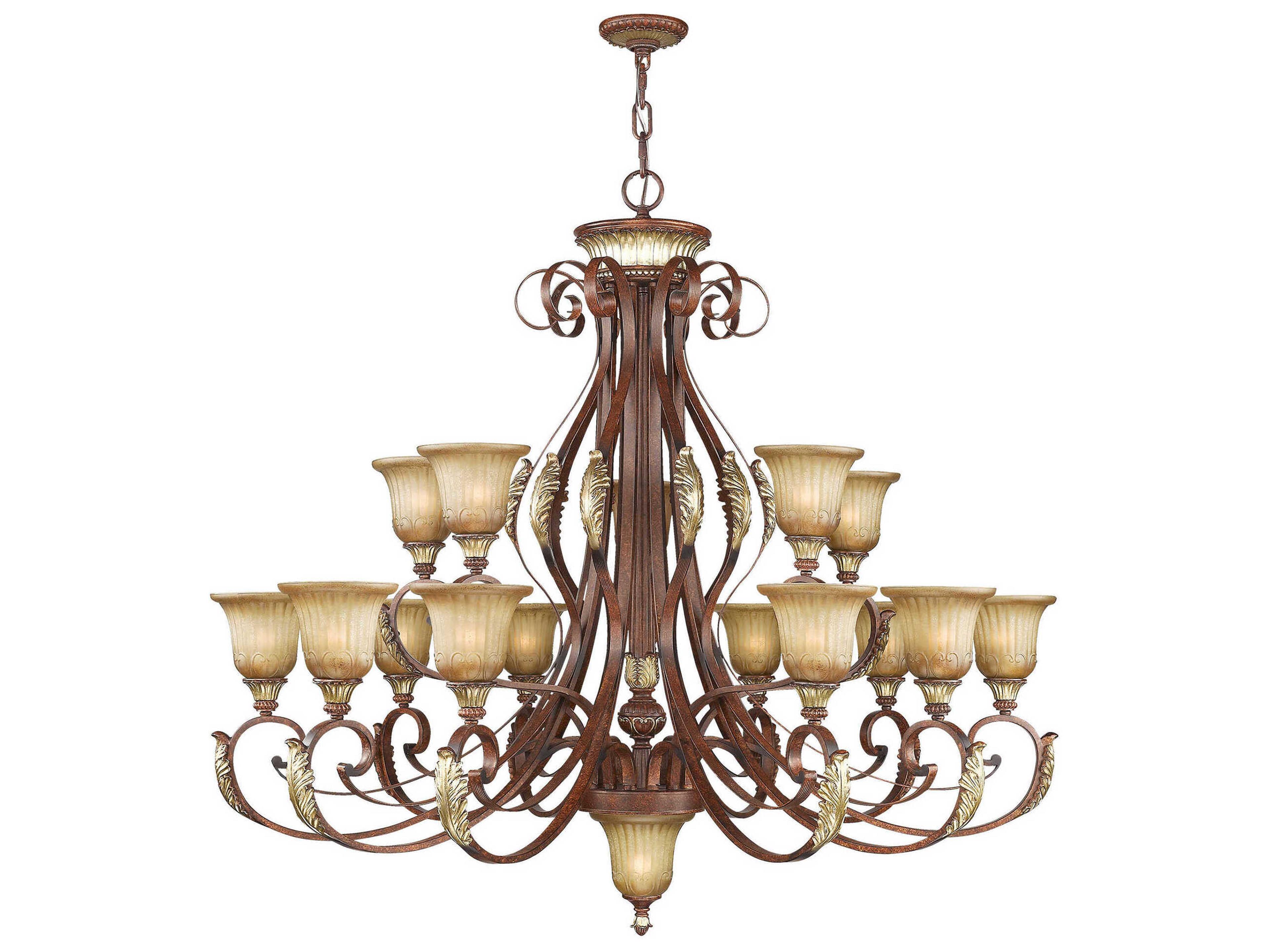 Villa Verona 16-Light6-Light Bronze Aged Gold Leaf Glass Bell Tiered Chandelier
