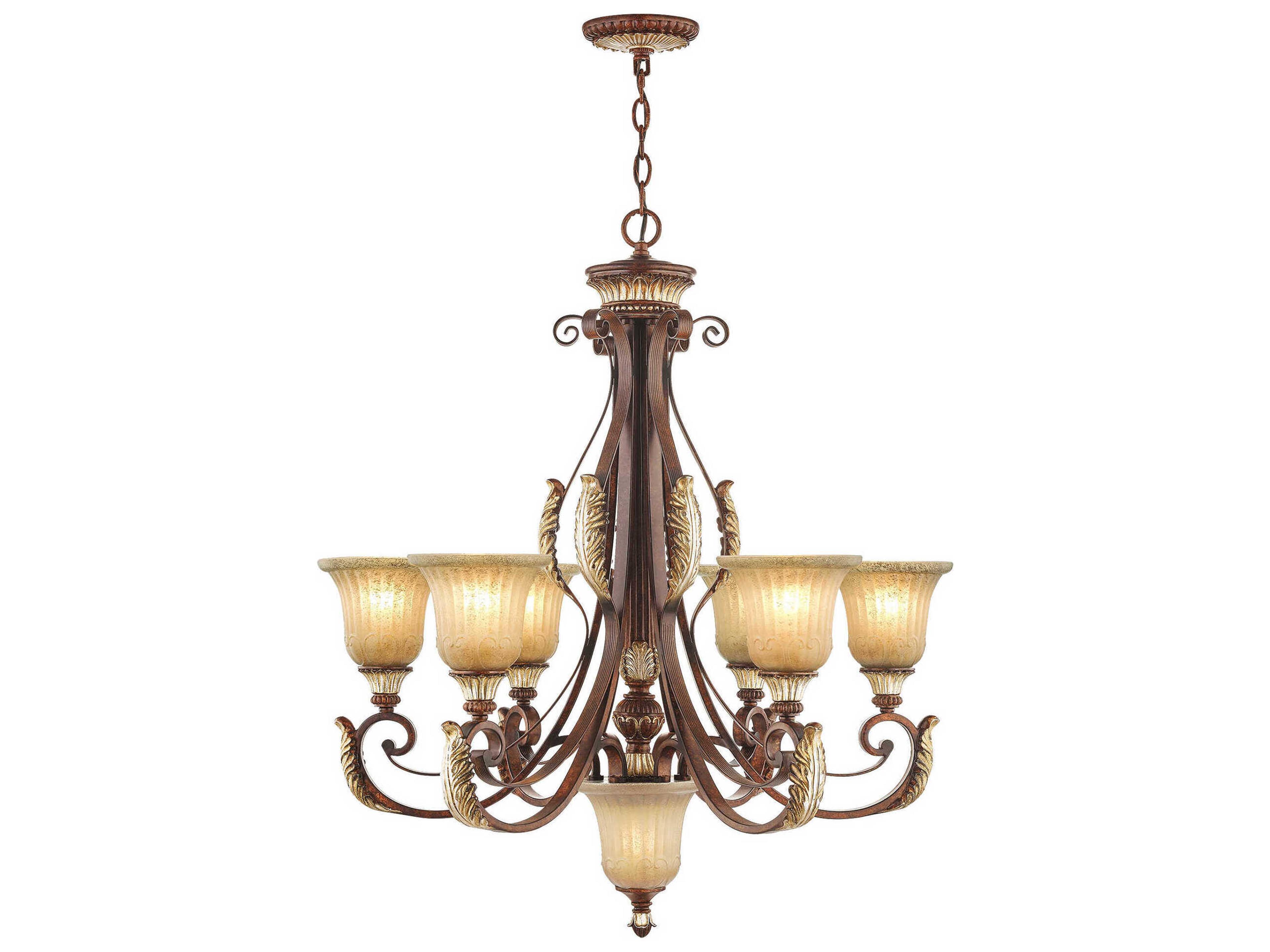Villa Verona 7-Light Bronze Aged Gold Leaf Glass Bell Candelabra Chandelier
