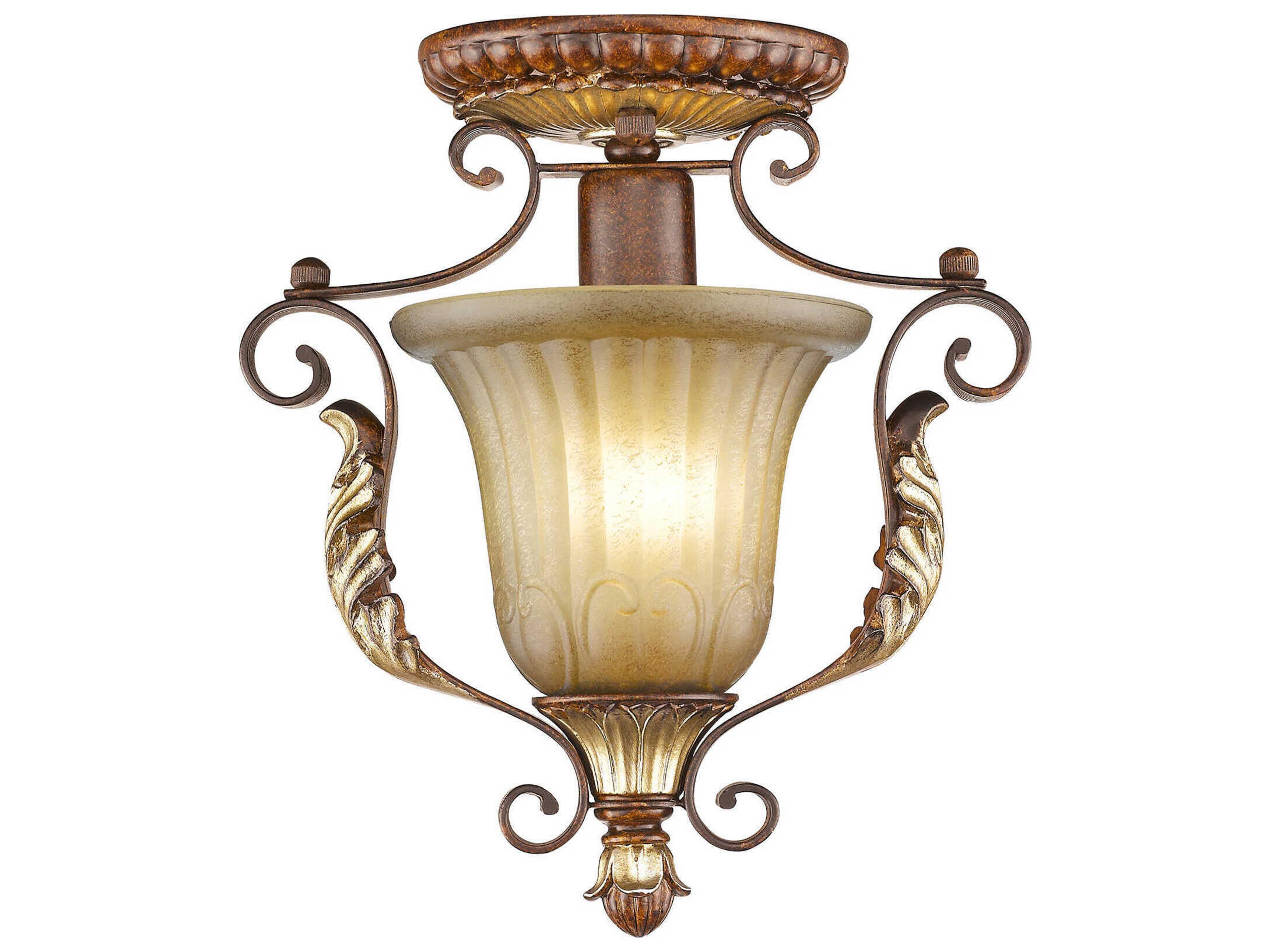 Villa Verona 1-Light Bronze Aged Gold Leaf Glass Bell Semi Flush Mount