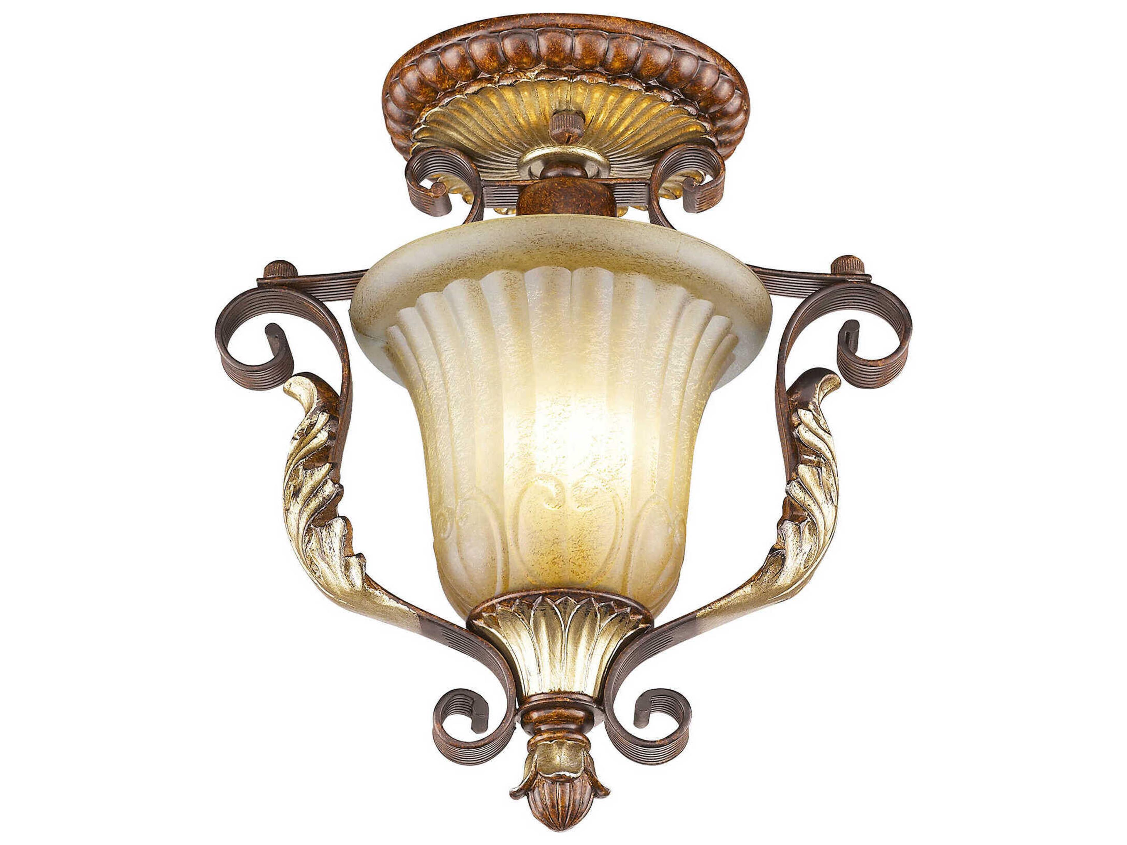 Livex Lighting Villa Verona 1-Light Bronze Aged Gold Leaf Glass Bell Semi Flush Mount