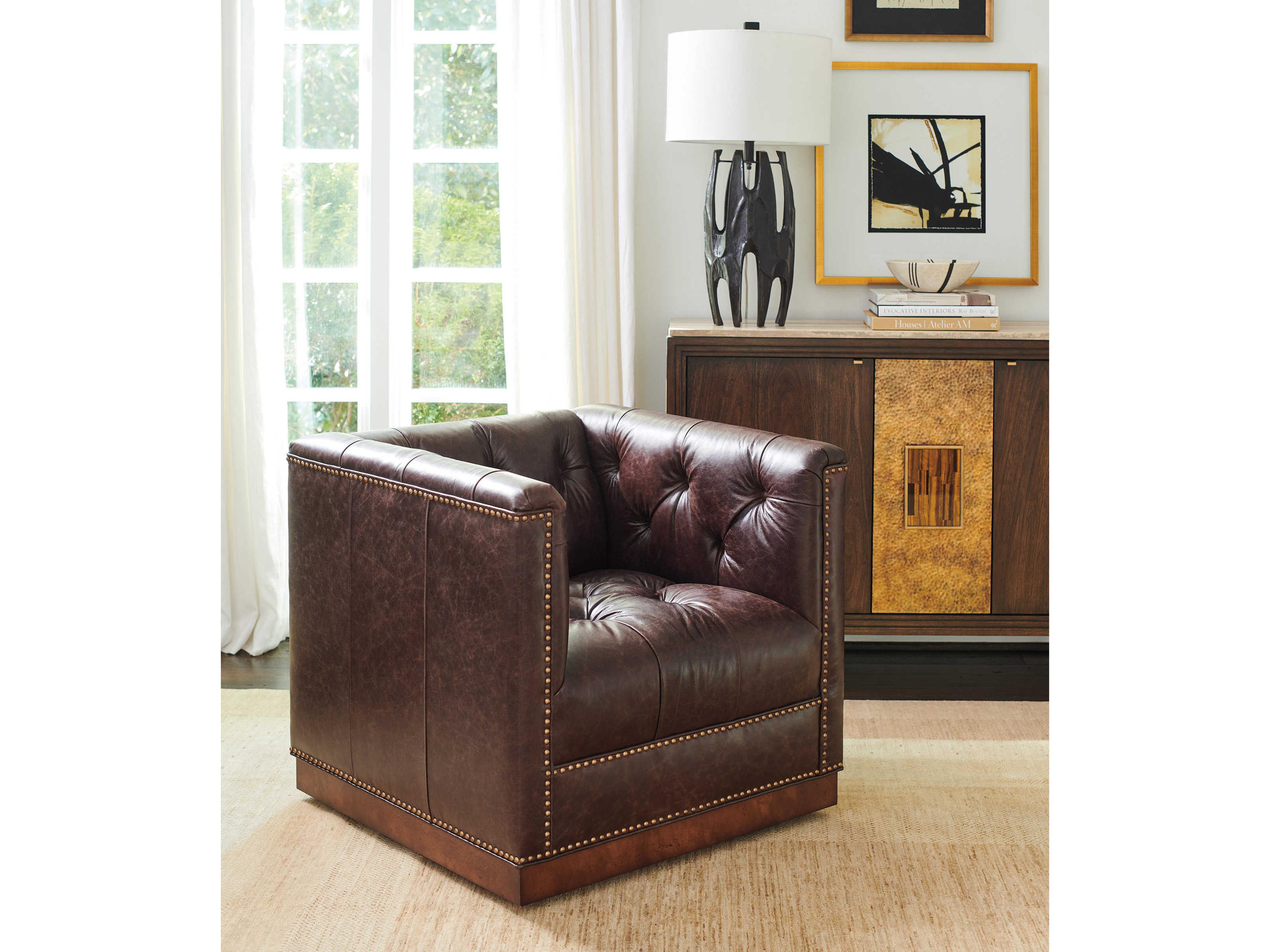 Lexington Silverado Swivel Brown Leather Tufted Accent Chair