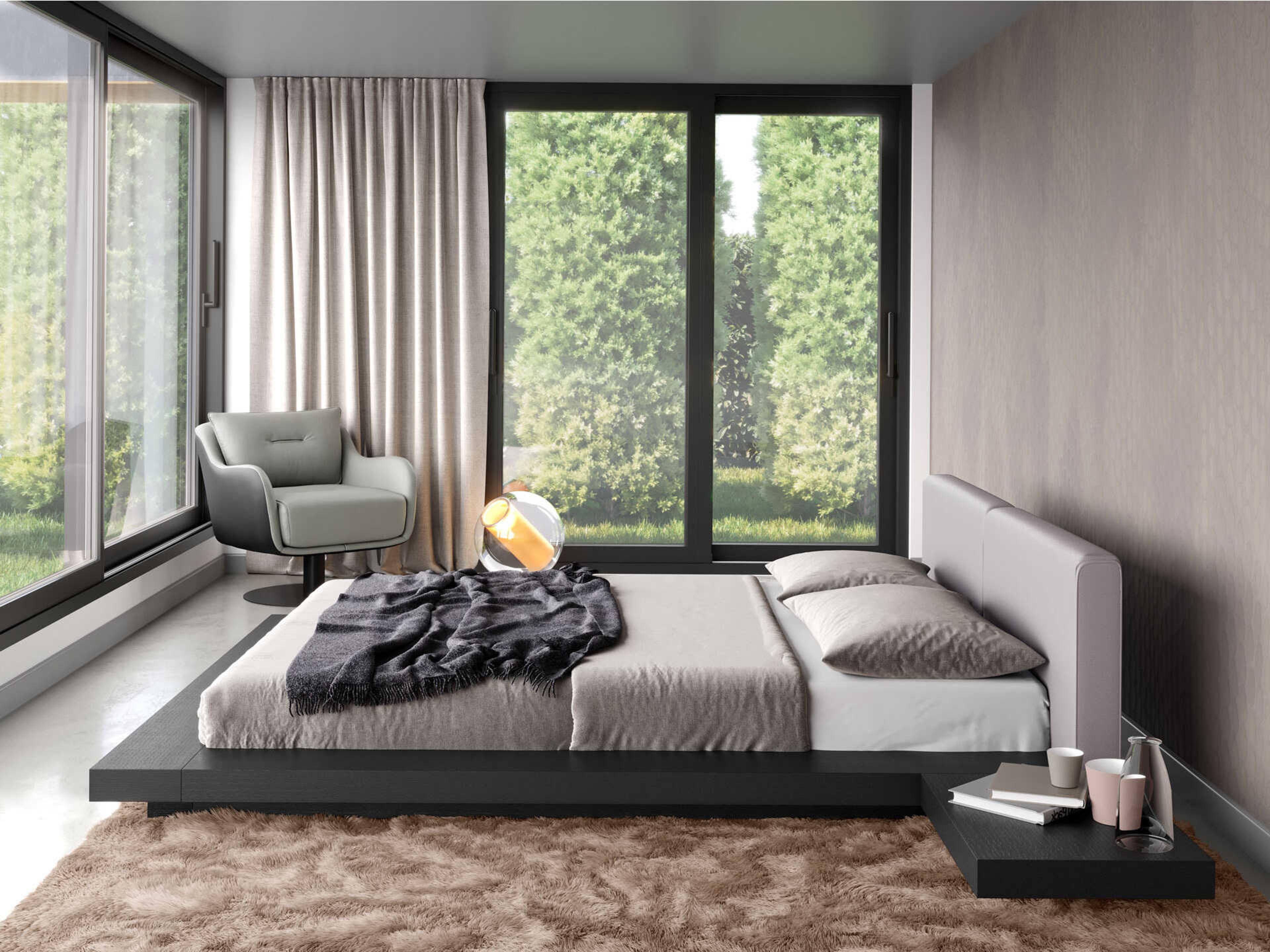 Luxcor Modluxe Akanji Queen Bed in Pearl Gray Eco Leather and Wenge